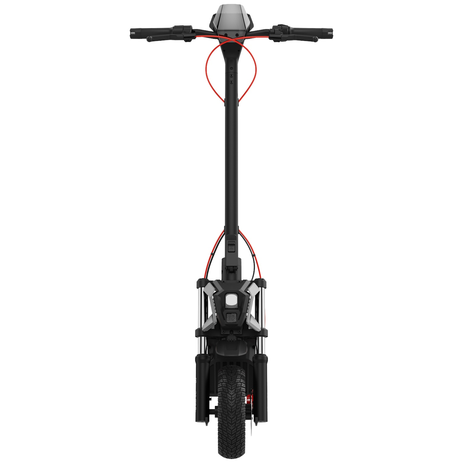 Trottinette électrique noire avec câble rouge et phare avant.