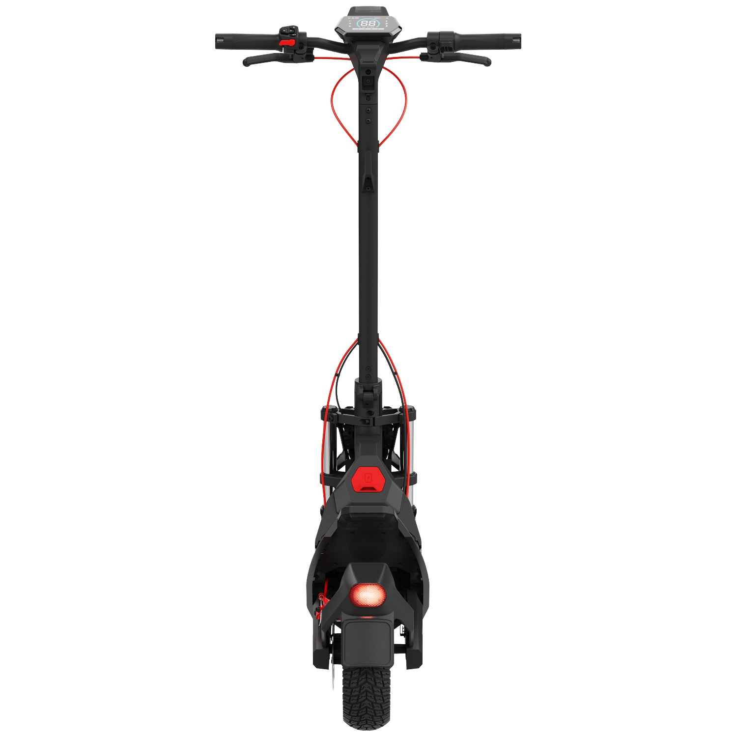 Trottinette électrique noire avec accents rouges et écran au guidon.