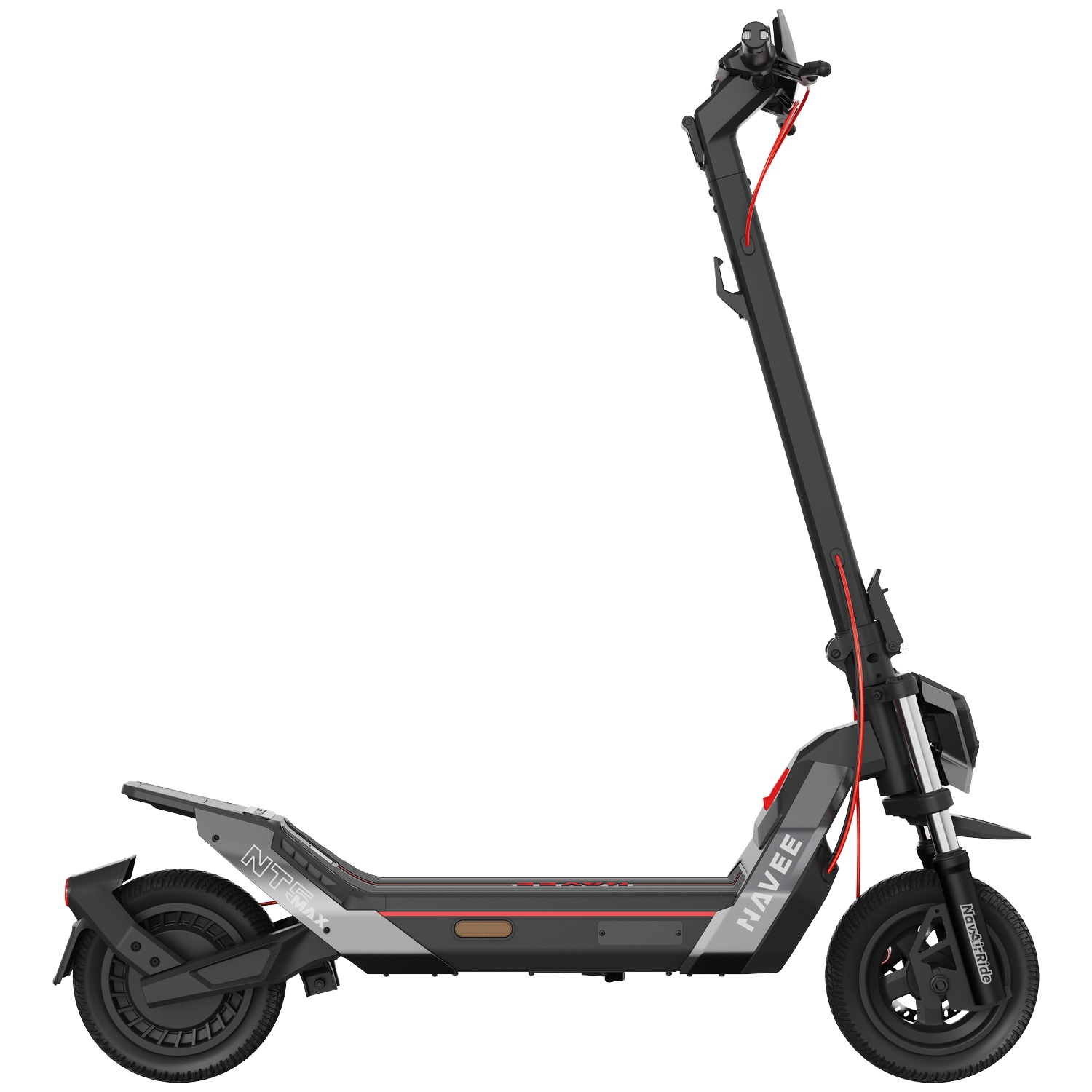 Un scooter électrique noir avec des accents rouges est montré de profil.
