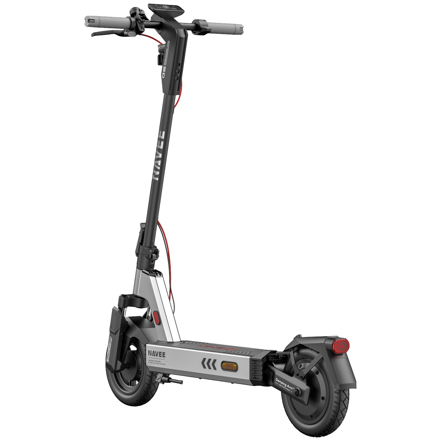 A silver and black electric scooter with handlebars, display, and wheels.