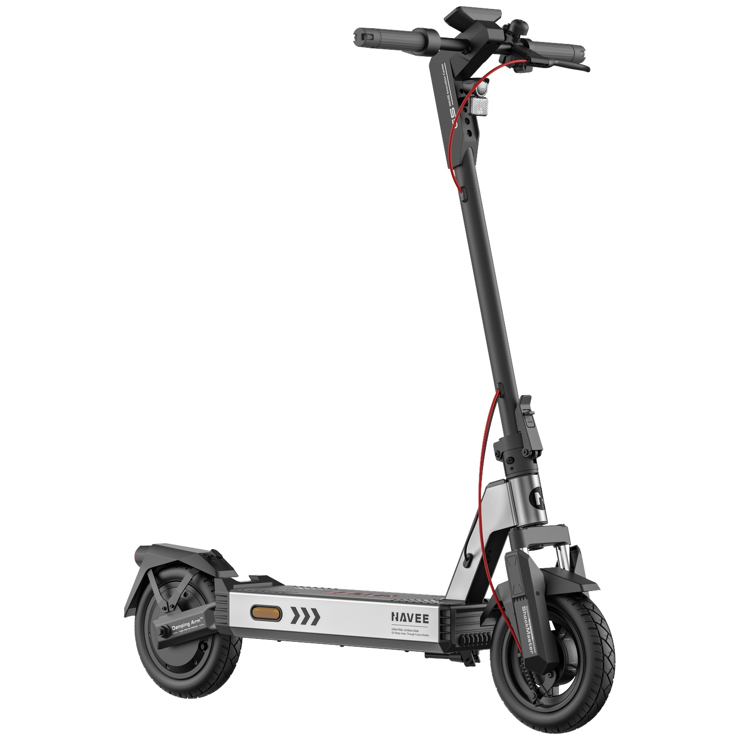 A black electric scooter with silver accents and red cables.
