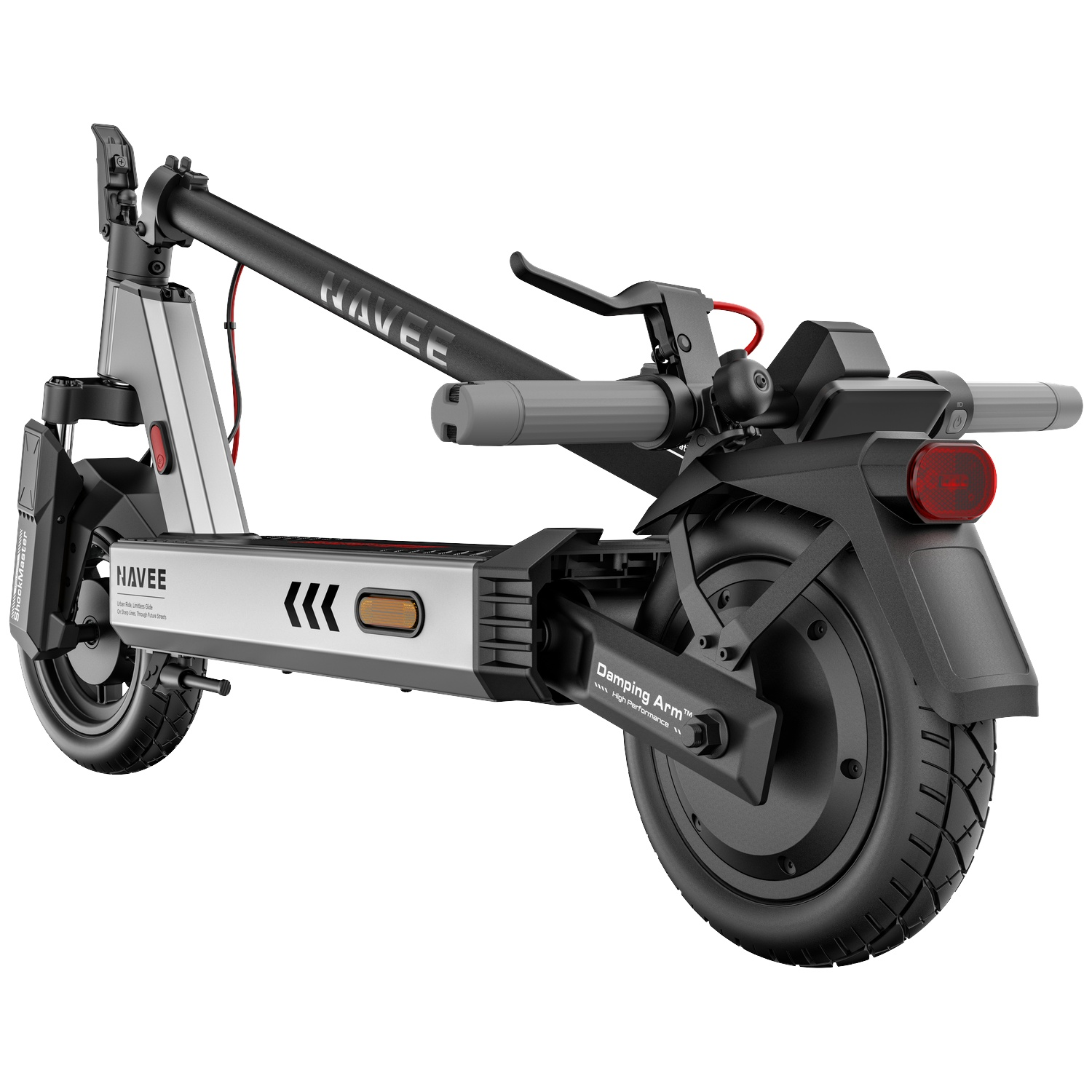 A silver and black Navee electric scooter with handlebars and wheels.