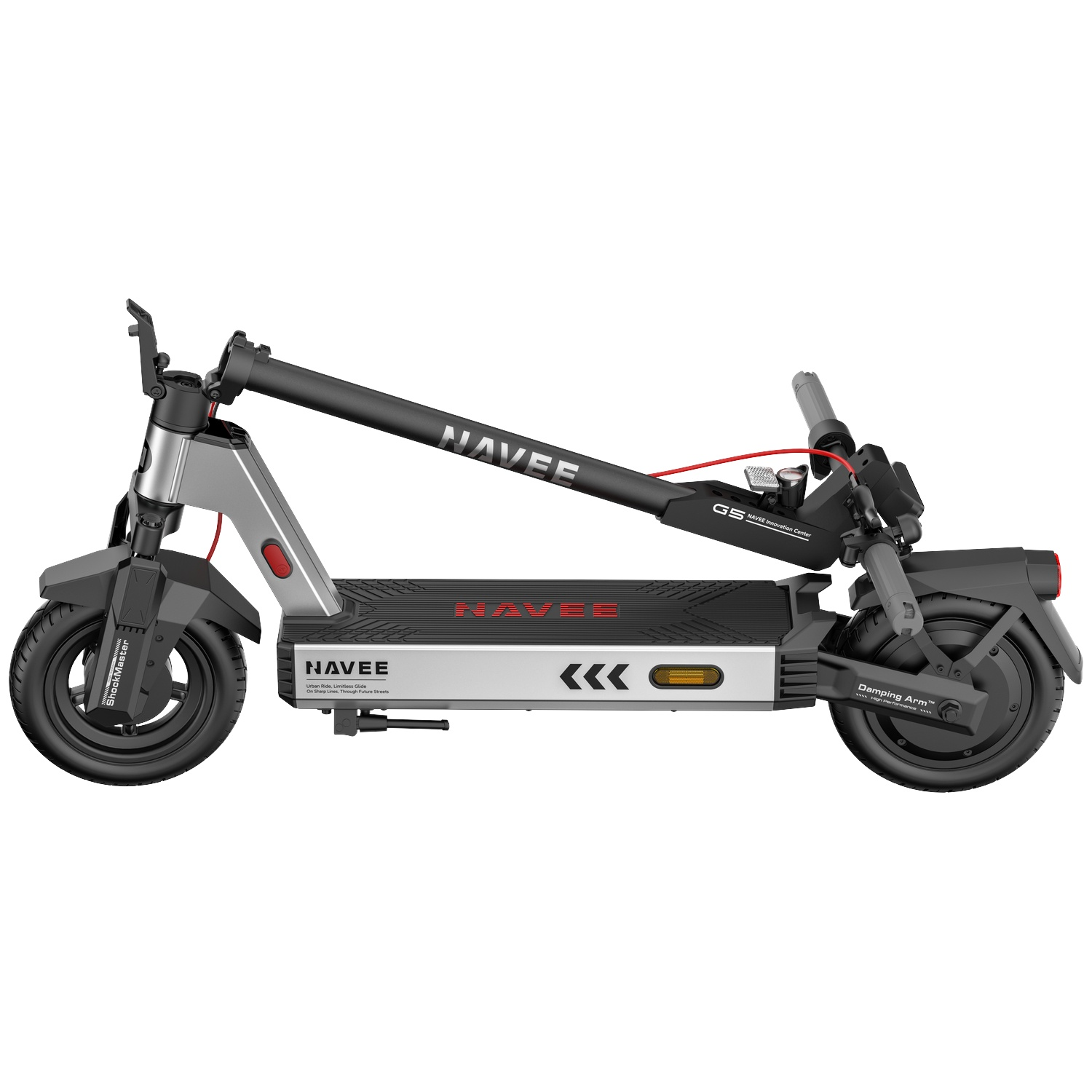 Silver and black Navee electric scooter, folded, with front and rear wheels visible.