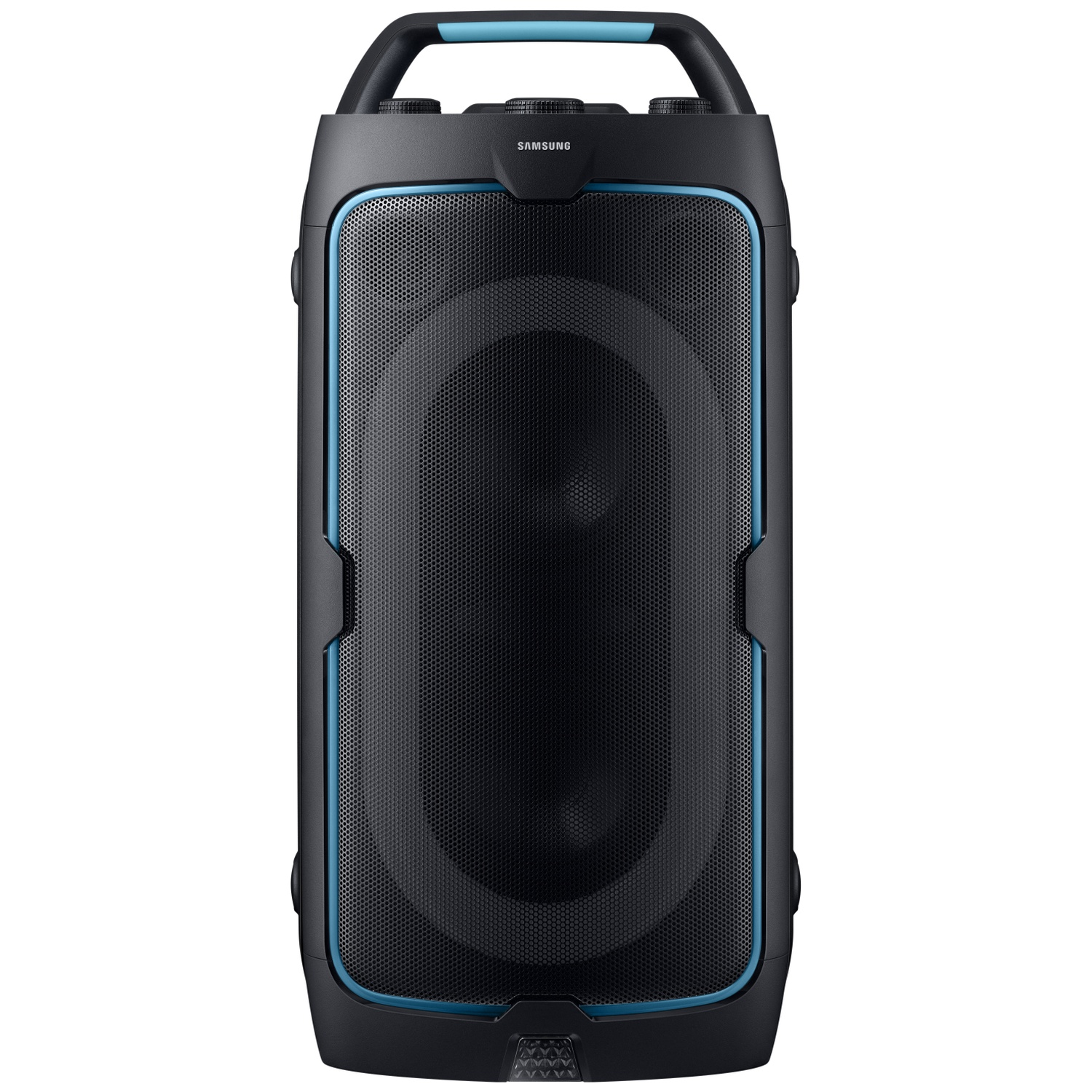 Zwarte Samsung speaker met blauw handvat en accenten.