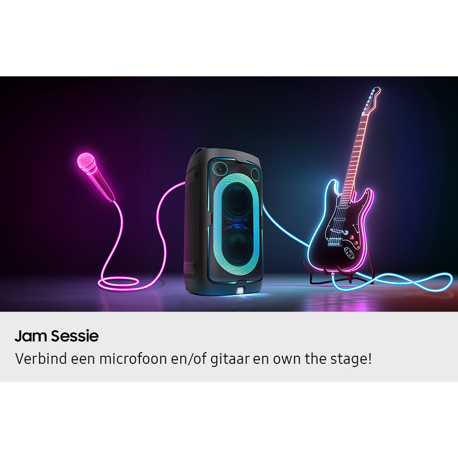 Luidspreker met microfoon en elektrische gitaar, verlicht met neonlichten.