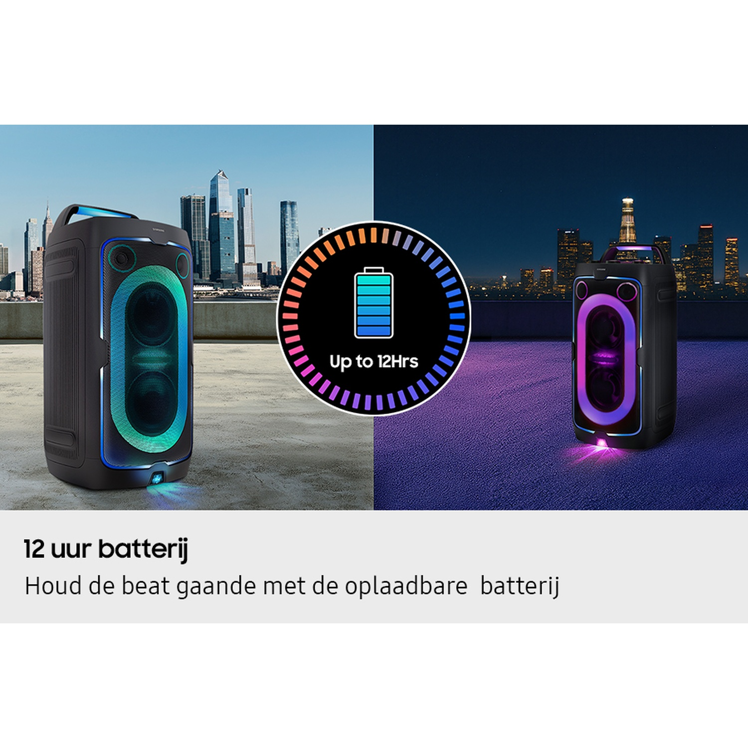 Twee draagbare luidsprekers met kleurrijke lichten, één overdag, één 's nachts.