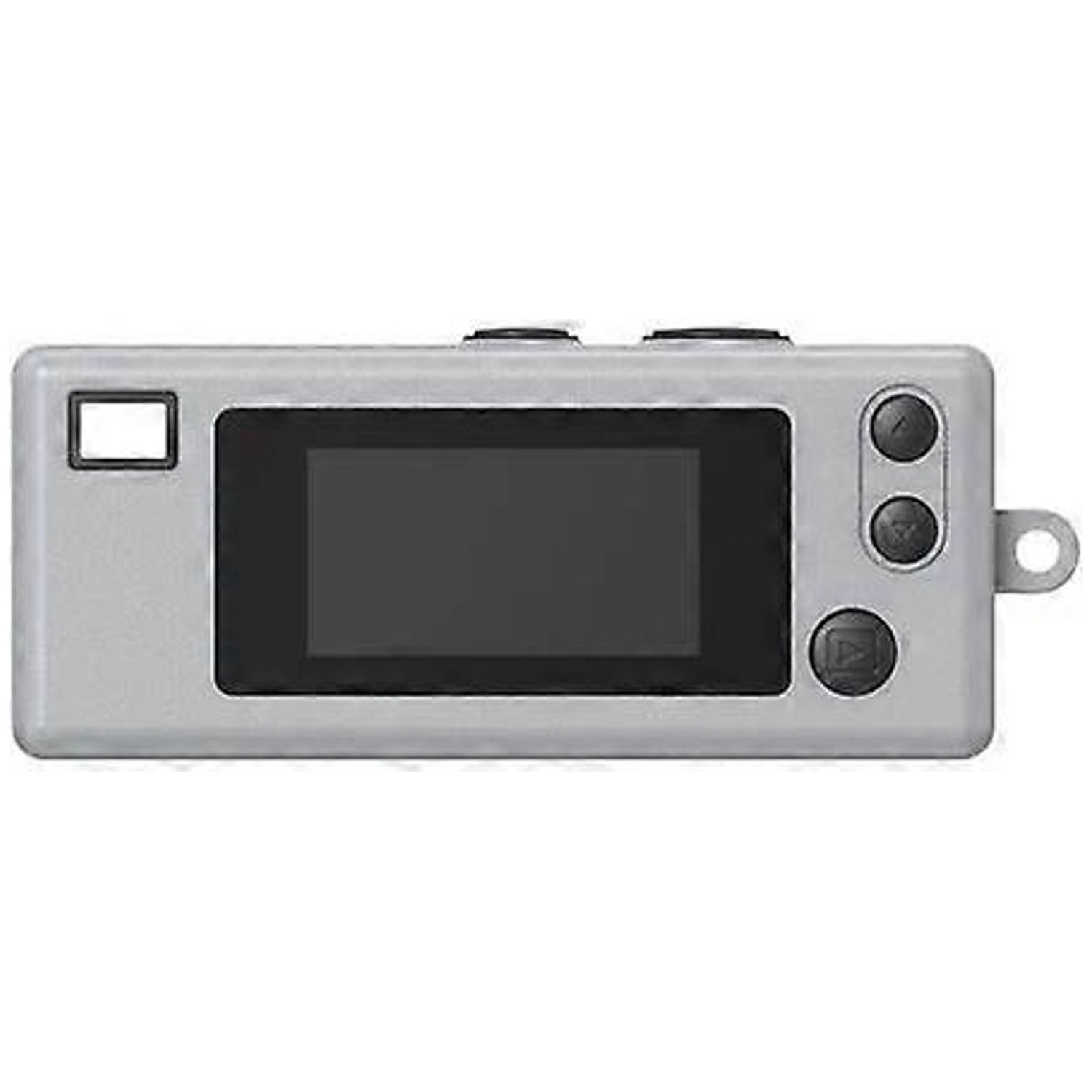 Silver digital camera with a black screen and buttons.