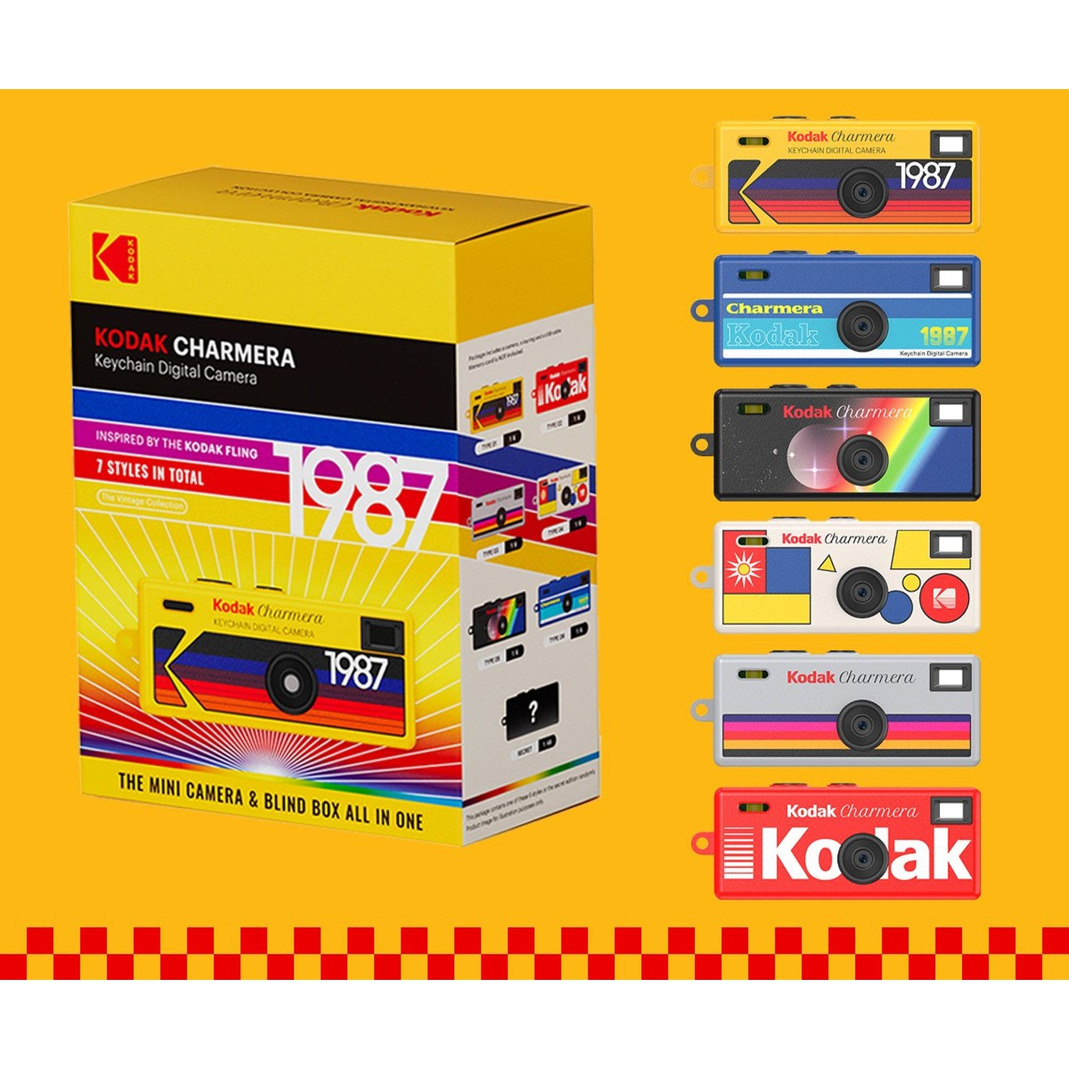 Kodak Charmers: Box and 7 cameras in various colors and designs.