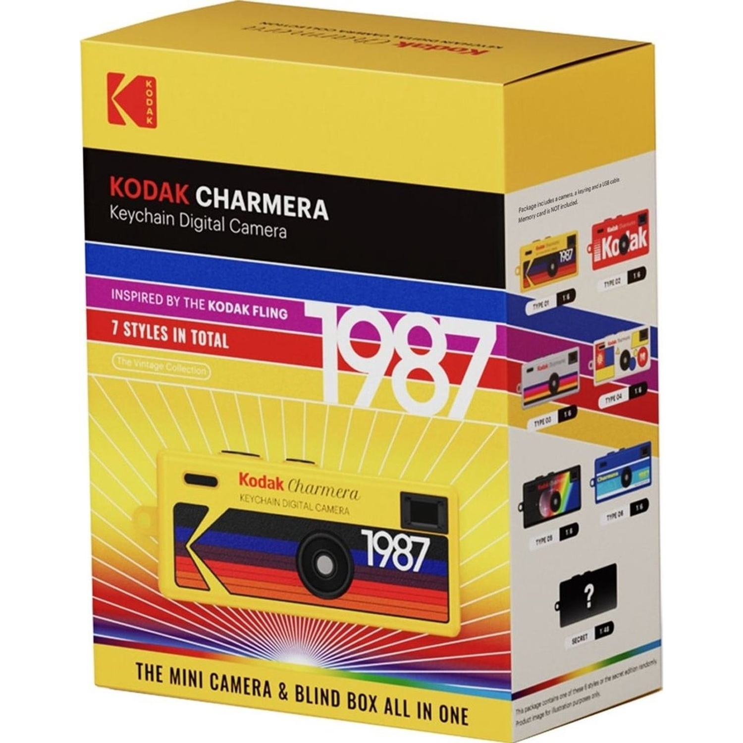 Yellow box featuring a yellow Kodak Charmara mini camera and '1987' logo.