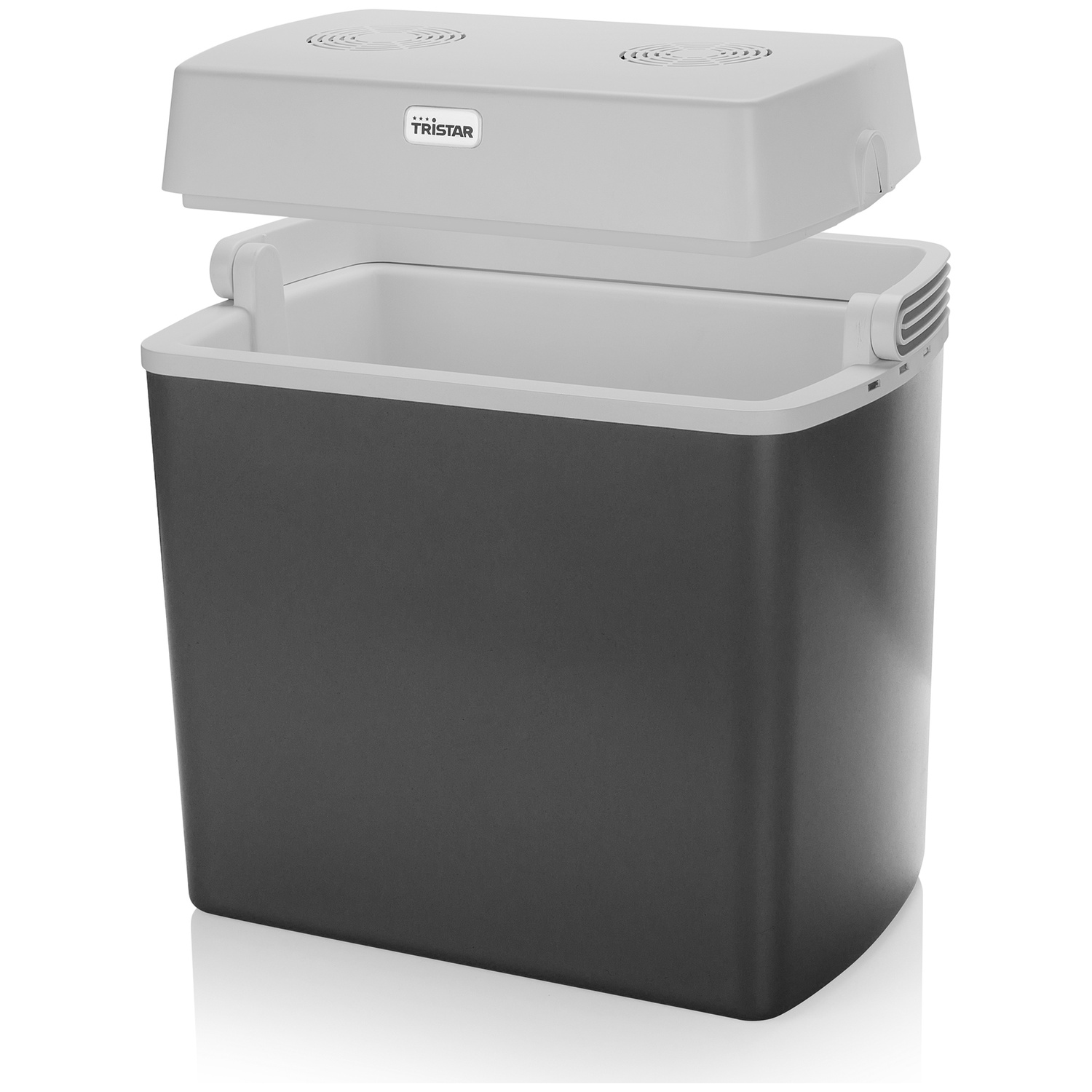 A dark gray cooler with its white lid open, standing on a white surface.