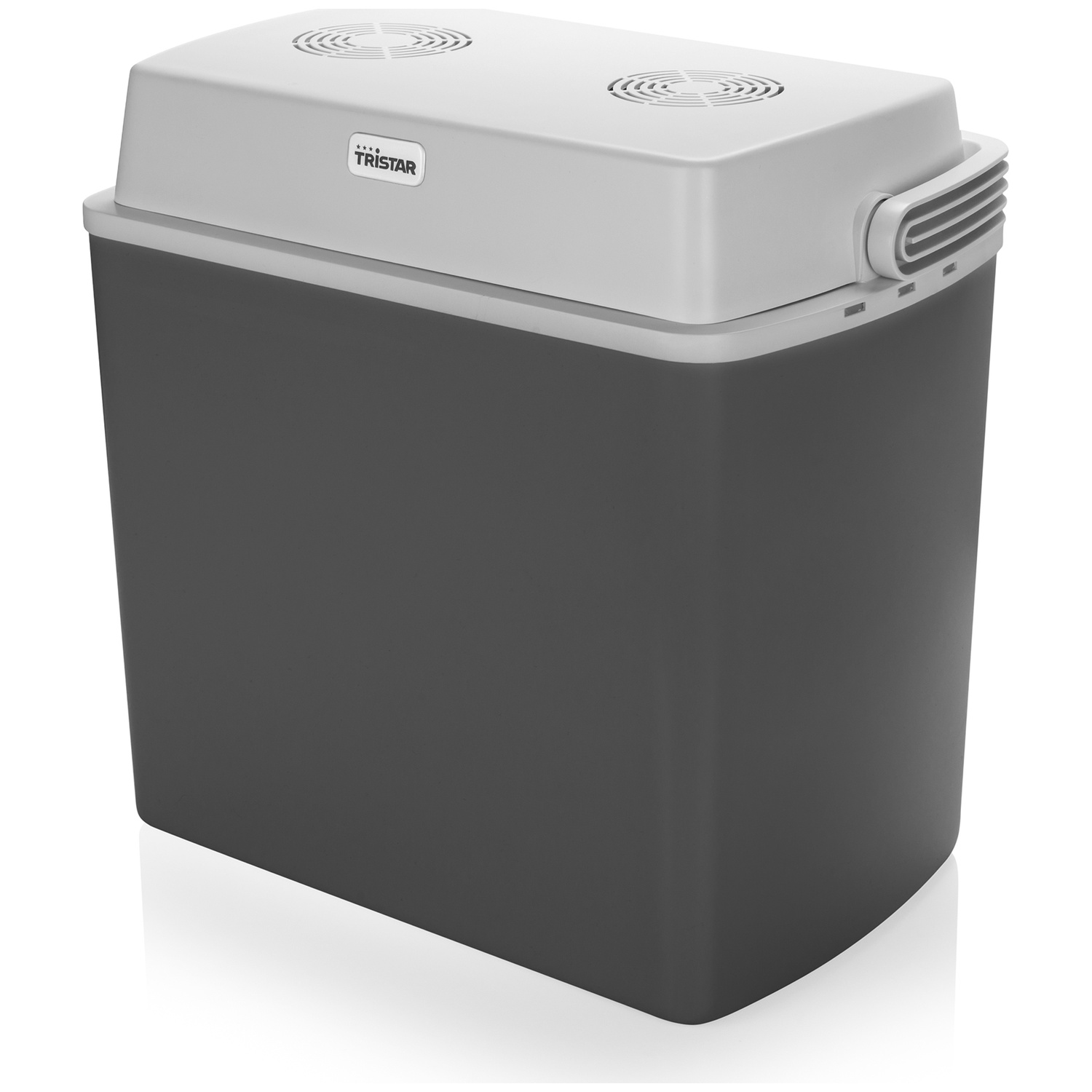 A gray and white cooler box with Tristar logo and ventilation slots.