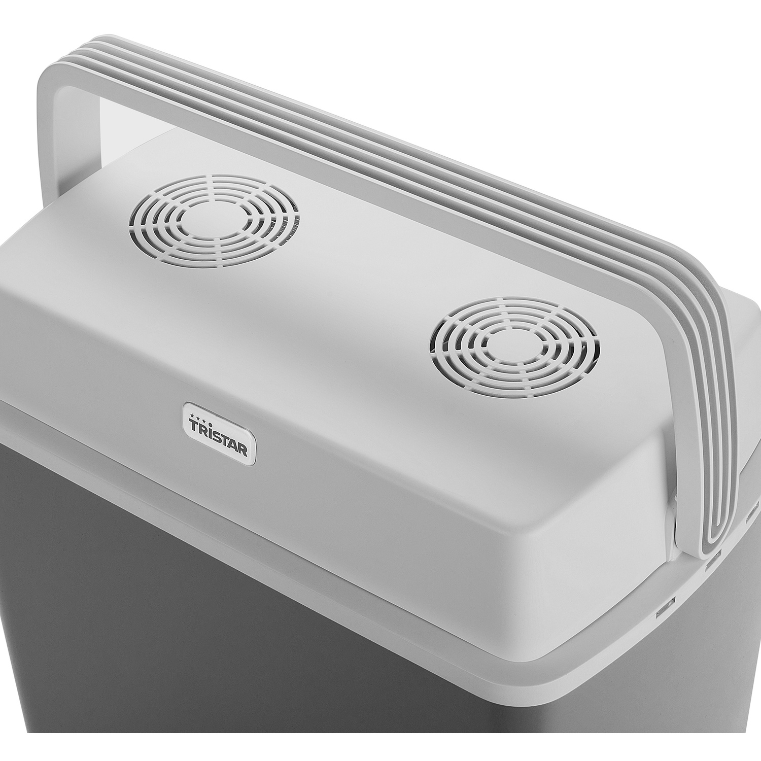 Gray and white cooler box with handle and fan grilles.