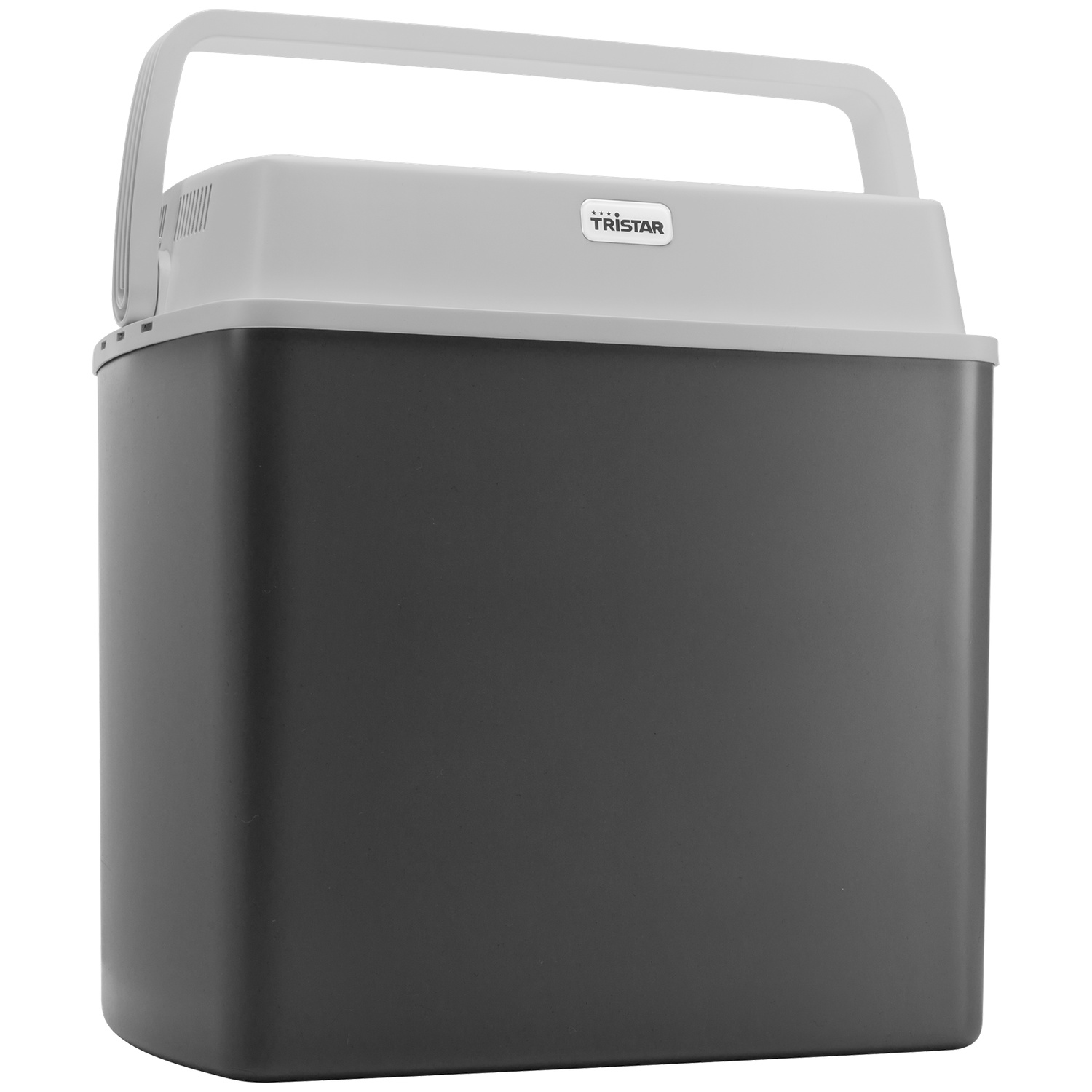 A dark gray cooler box with a white lid and handle. Tristar logo on the lid.