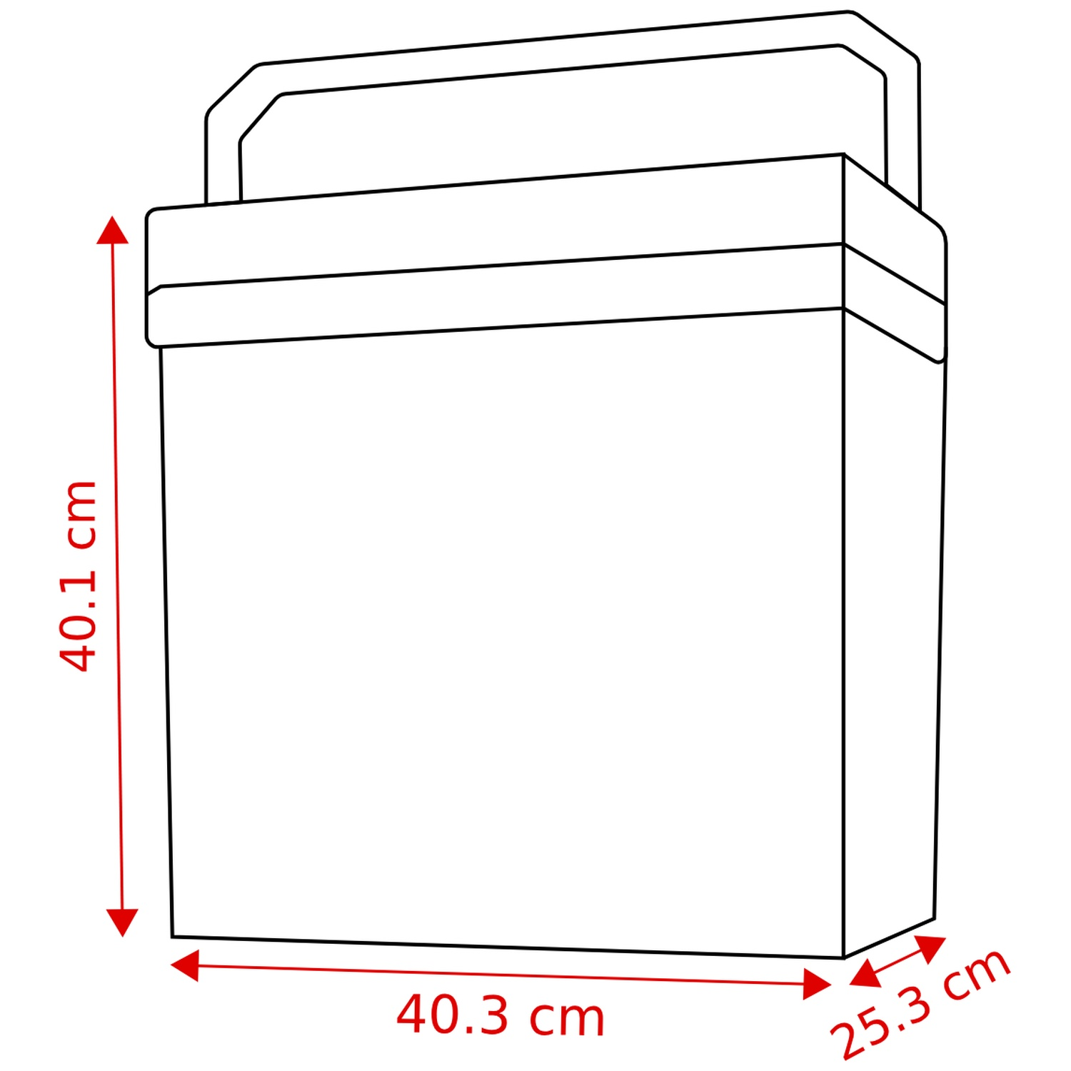 A schematic drawing of a cooler box prototype with dimensions: height 40.1 cm, width 40.3 cm, depth 25.3 cm.
