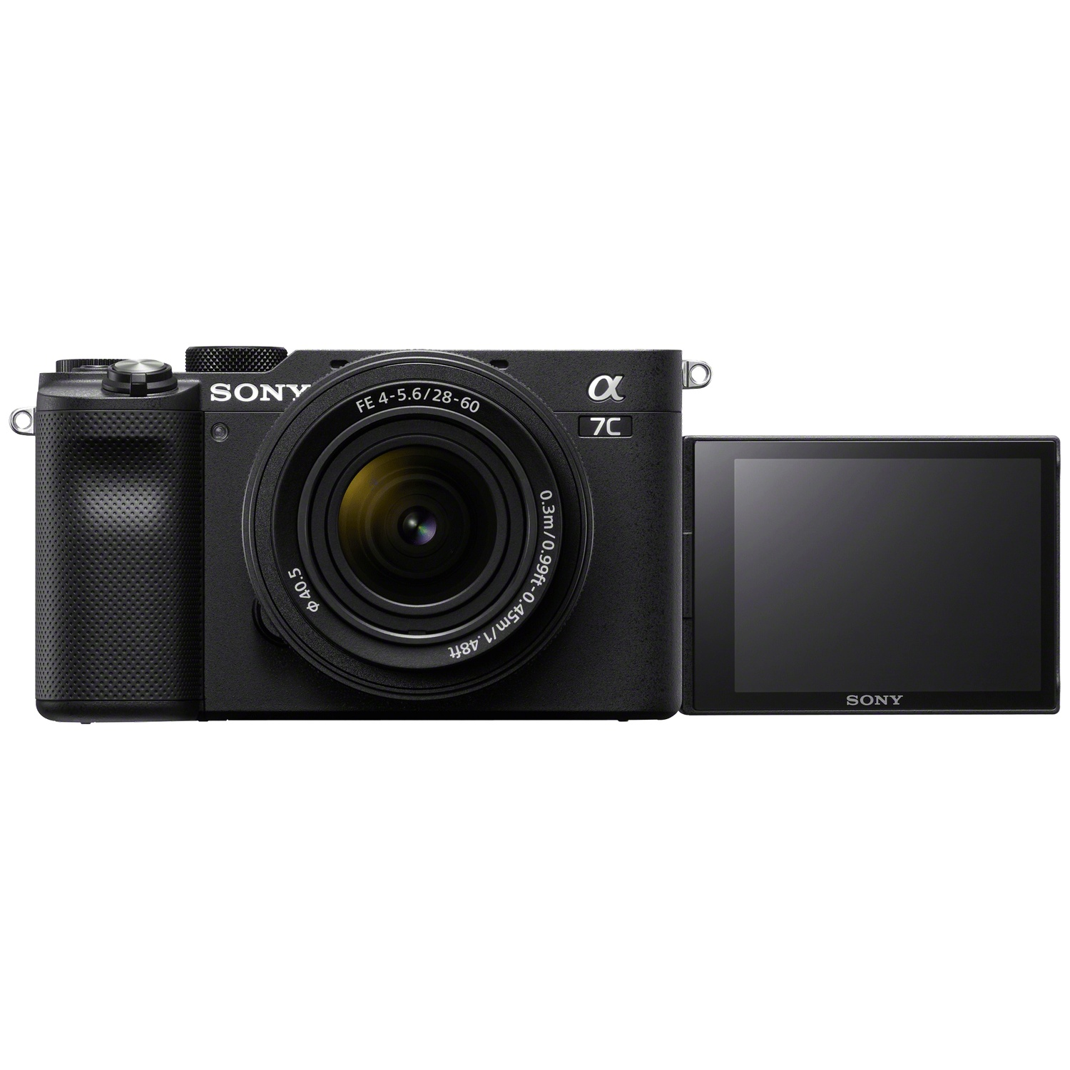 Black Sony Alpha 7C camera with flip-out screen and zoom lens.