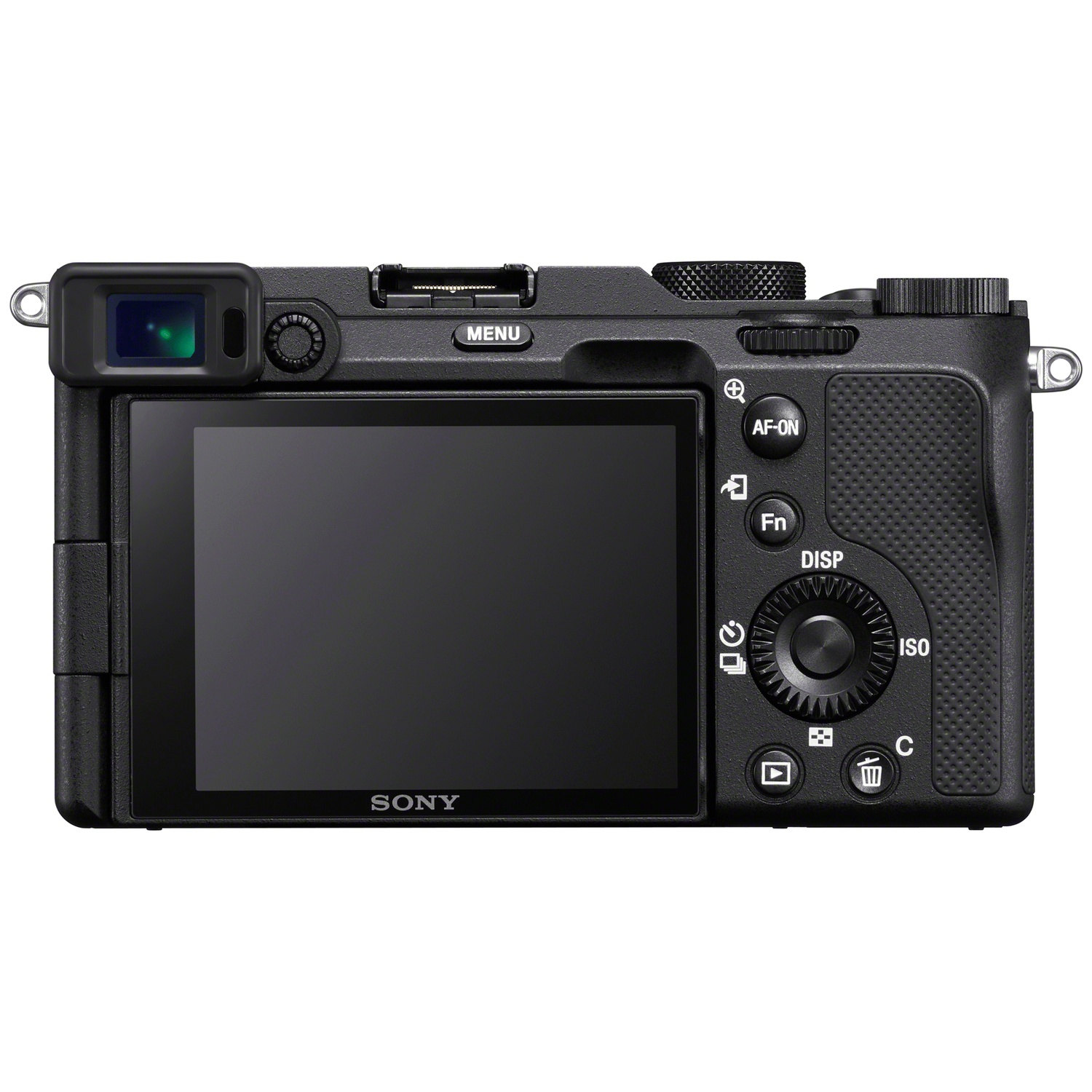 Back view of a black Sony camera with LCD screen, viewfinder, and control buttons.