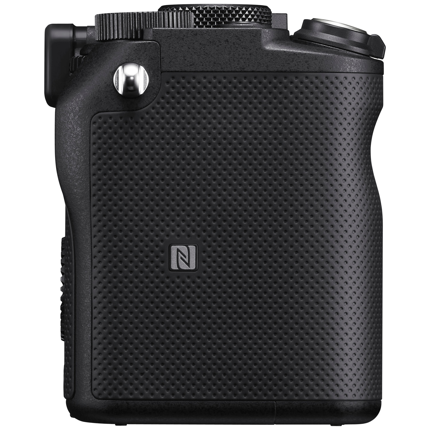 Black camera with textured grip and N logo. Close-up view.