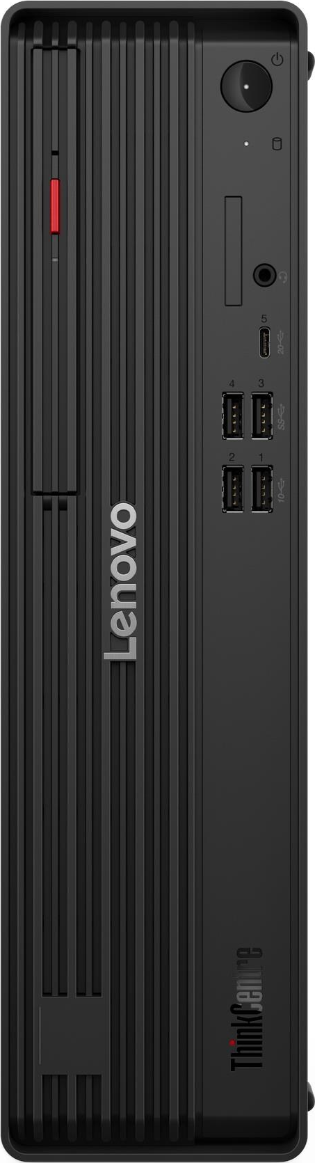 Schwarzer Lenovo ThinkCentre PC mit vertikalen Rillen und Anschlüssen.
