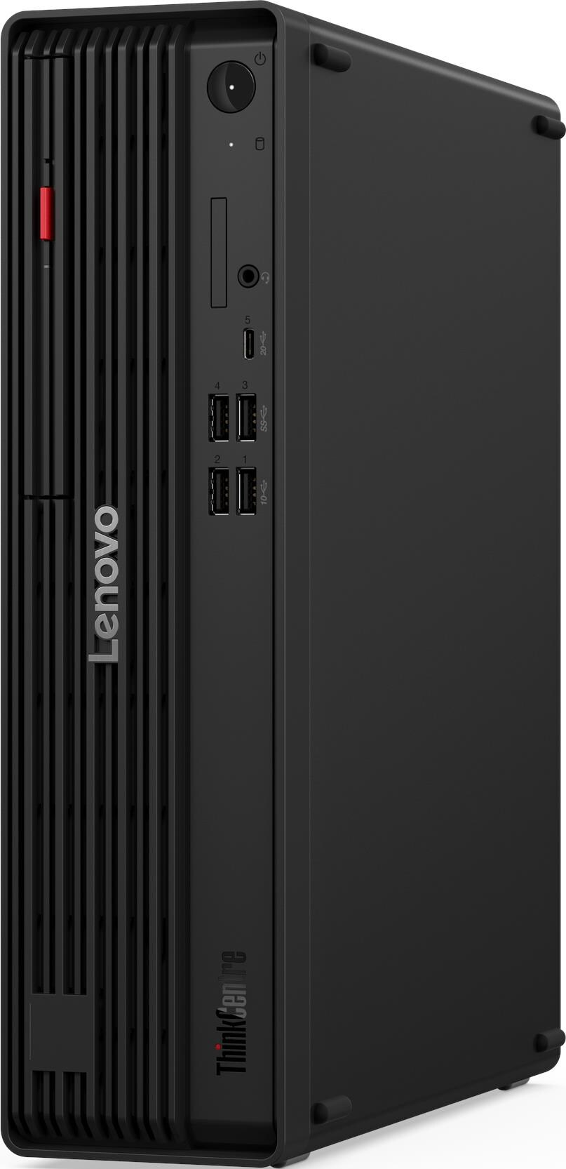Schwarzer Lenovo ThinkCentre PC mit vorderen USB-Anschlüssen, Power-Button und Audiobuchse.