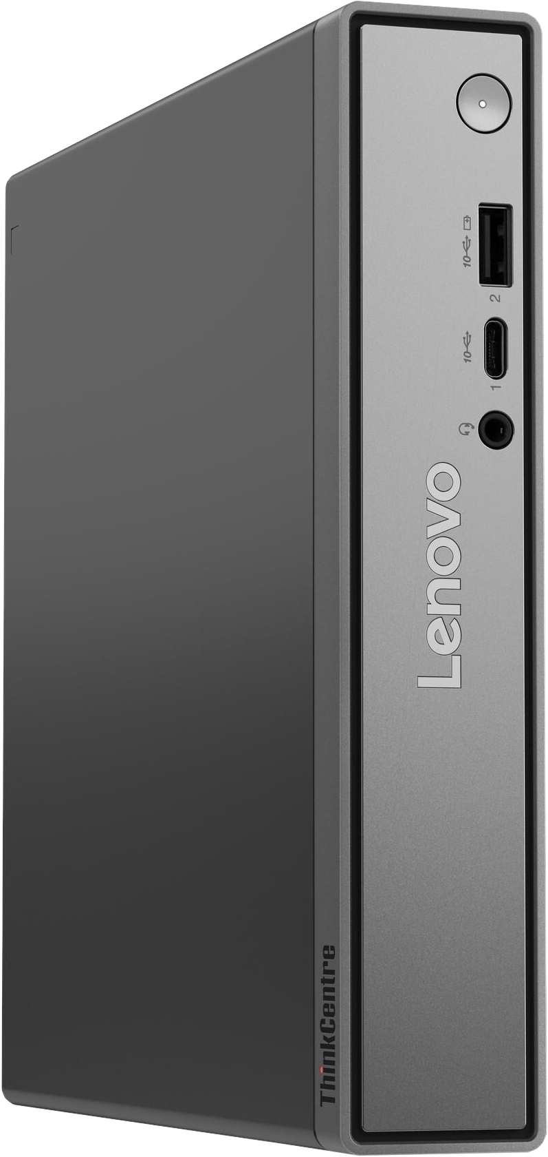 Grauer Lenovo ThinkCentre PC mit Anschlüssen und Logo.