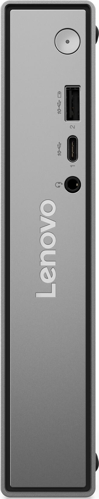 Graues Lenovo Mini-PC mit USB-A, USB-C, Kopfhörerbuchse und Netzschalter.