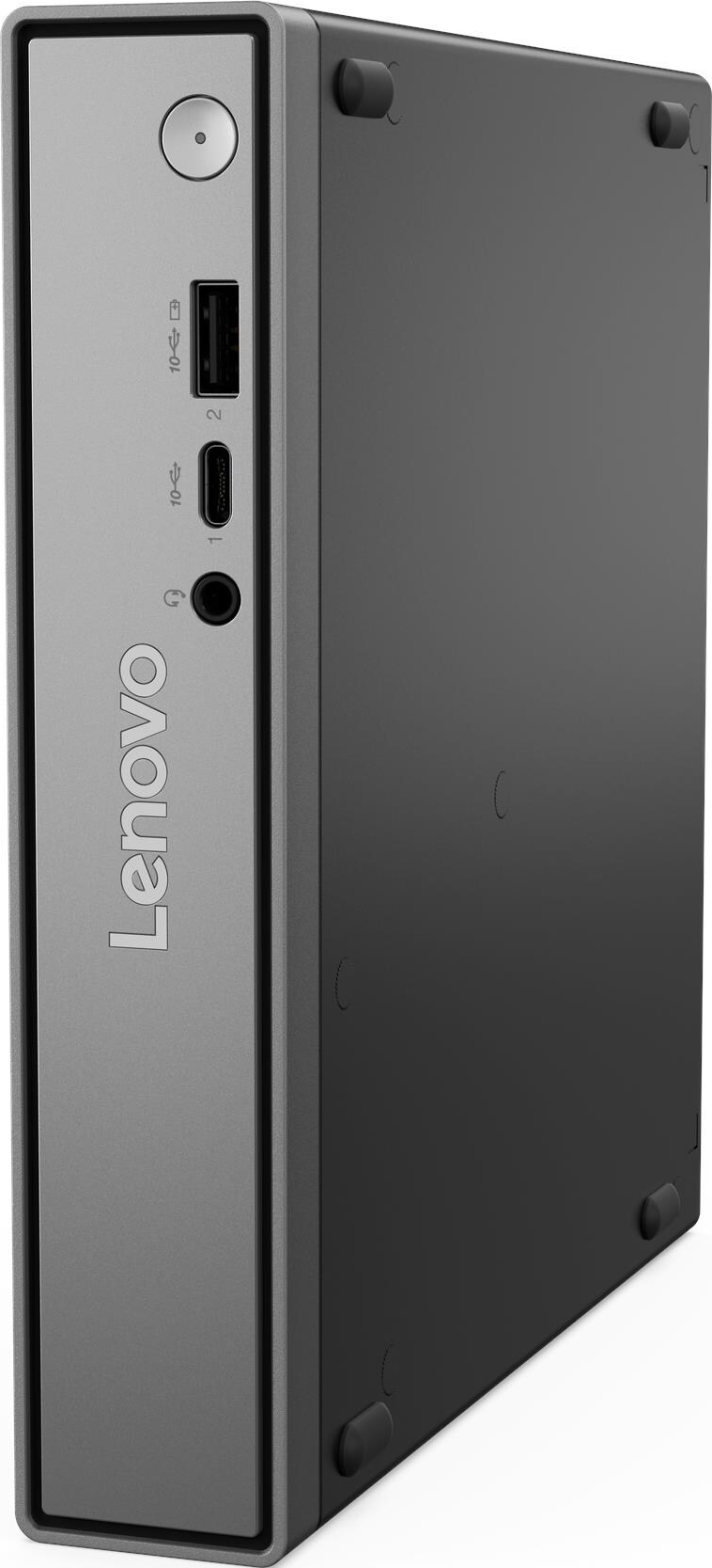 Grauer Lenovo Mini-PC mit USB-, Kopfhöreranschlüssen und Netzschalter.