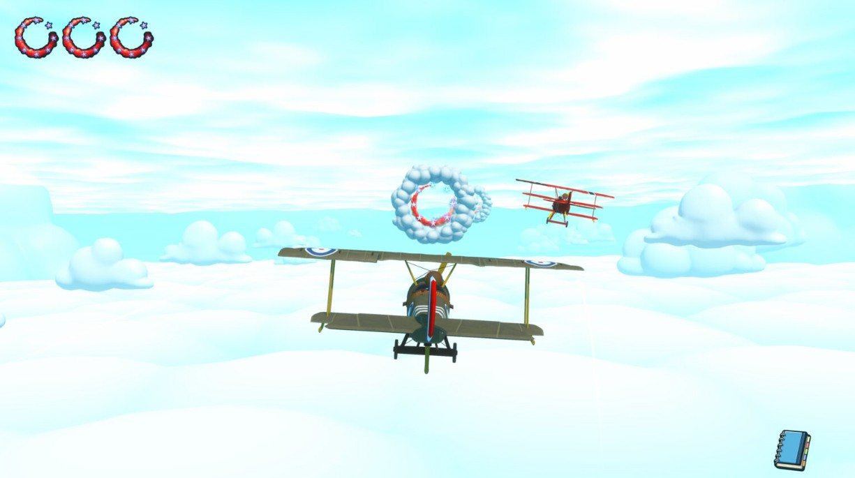 Zwei Flugzeuge fliegen durch die Wolken. Eines ist nah und grün, das andere rot und weiter weg.
