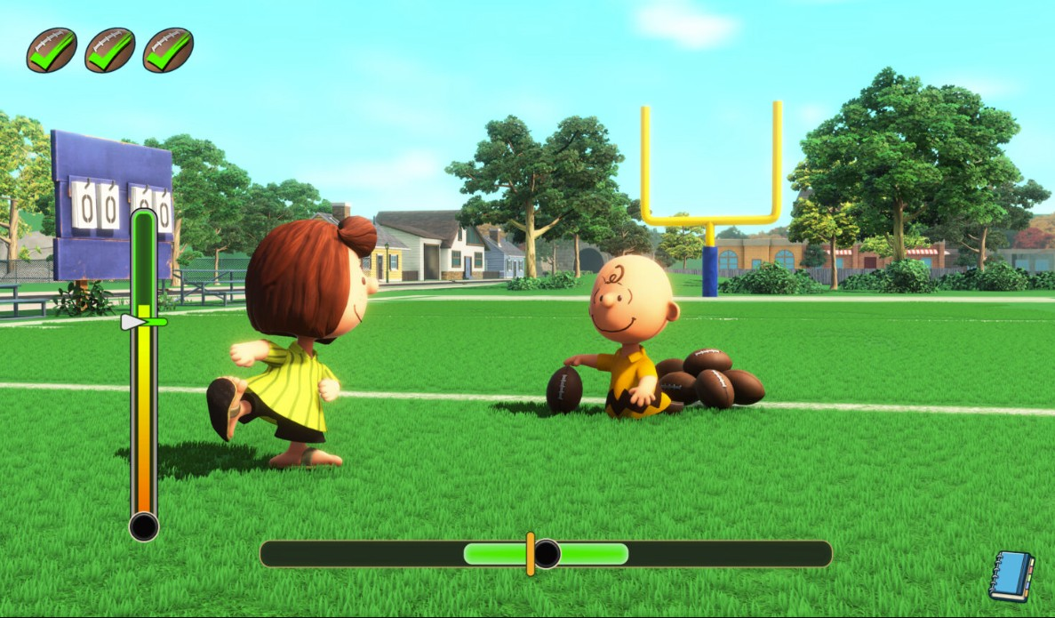 Charlie Brown und Peppermint Patty auf einem Fußballfeld mit Torstangen.