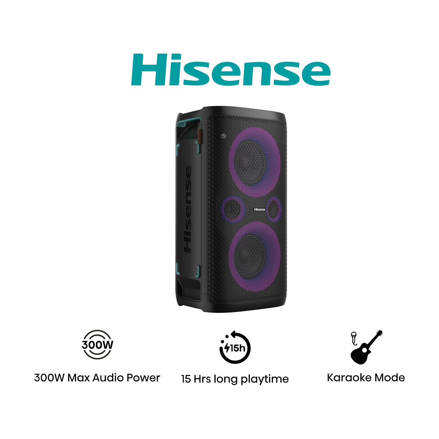 Altoparlante Hisense 300W, 15h riproduzione, modalità karaoke.