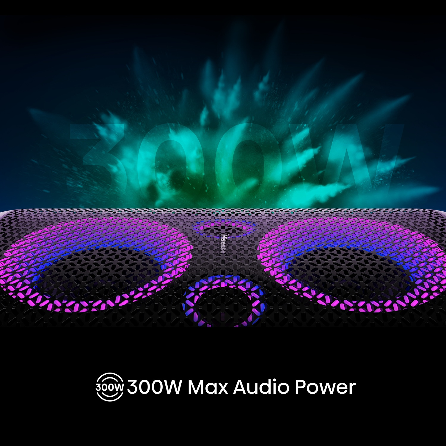 Un altoparlante con luci viola e blu, potenza audio massima 300W.