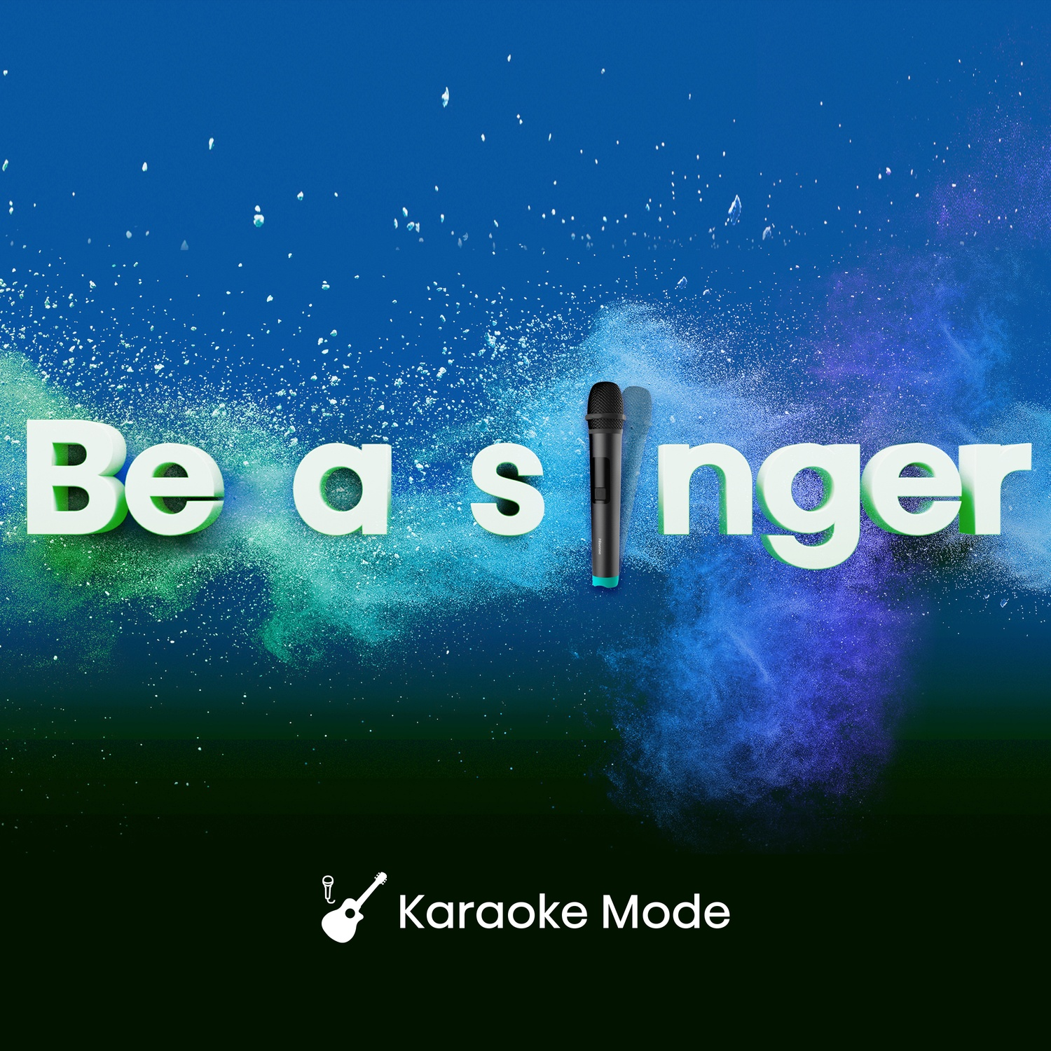 Un microfono davanti alle parole "Be a singer" su sfondo blu.