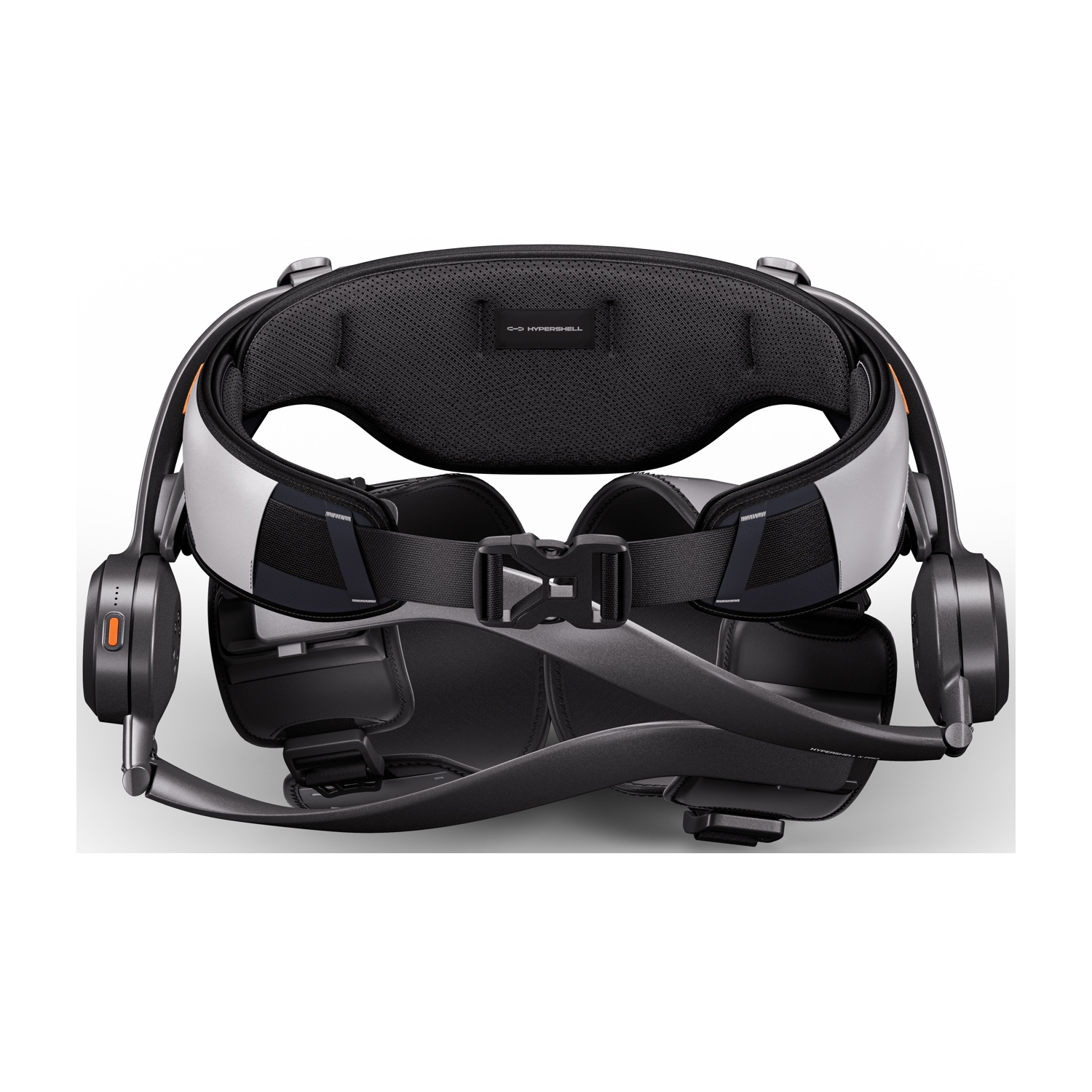 Una fascia per visore VR nera con accenti argentati e auricolari imbottiti.
