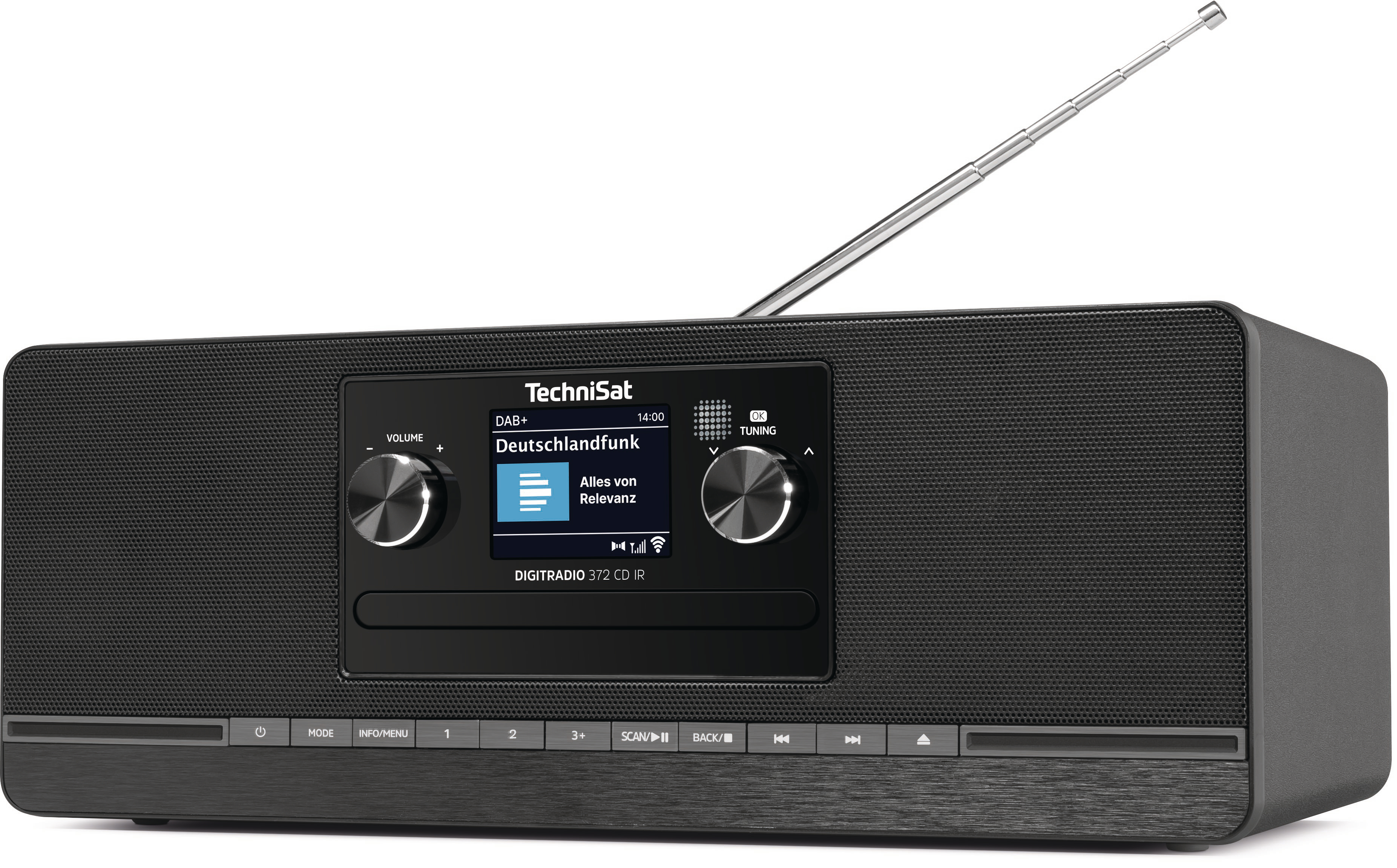 Ein schwarzes TechniSat Digitalradio mit ausgefahrenem Antennenstab.