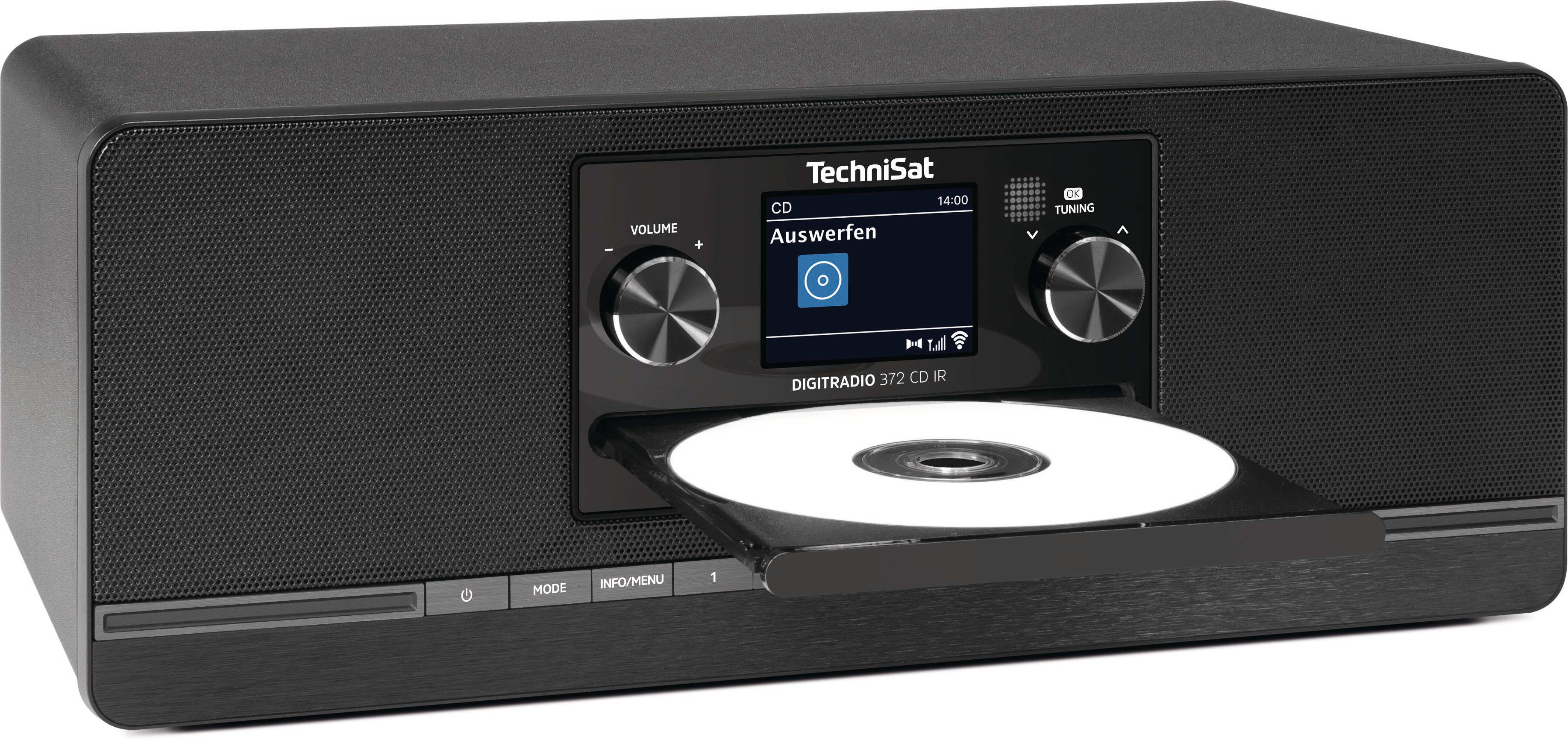 Ein schwarzes TechniSat Digitalradio mit CD-Schublade und CD.