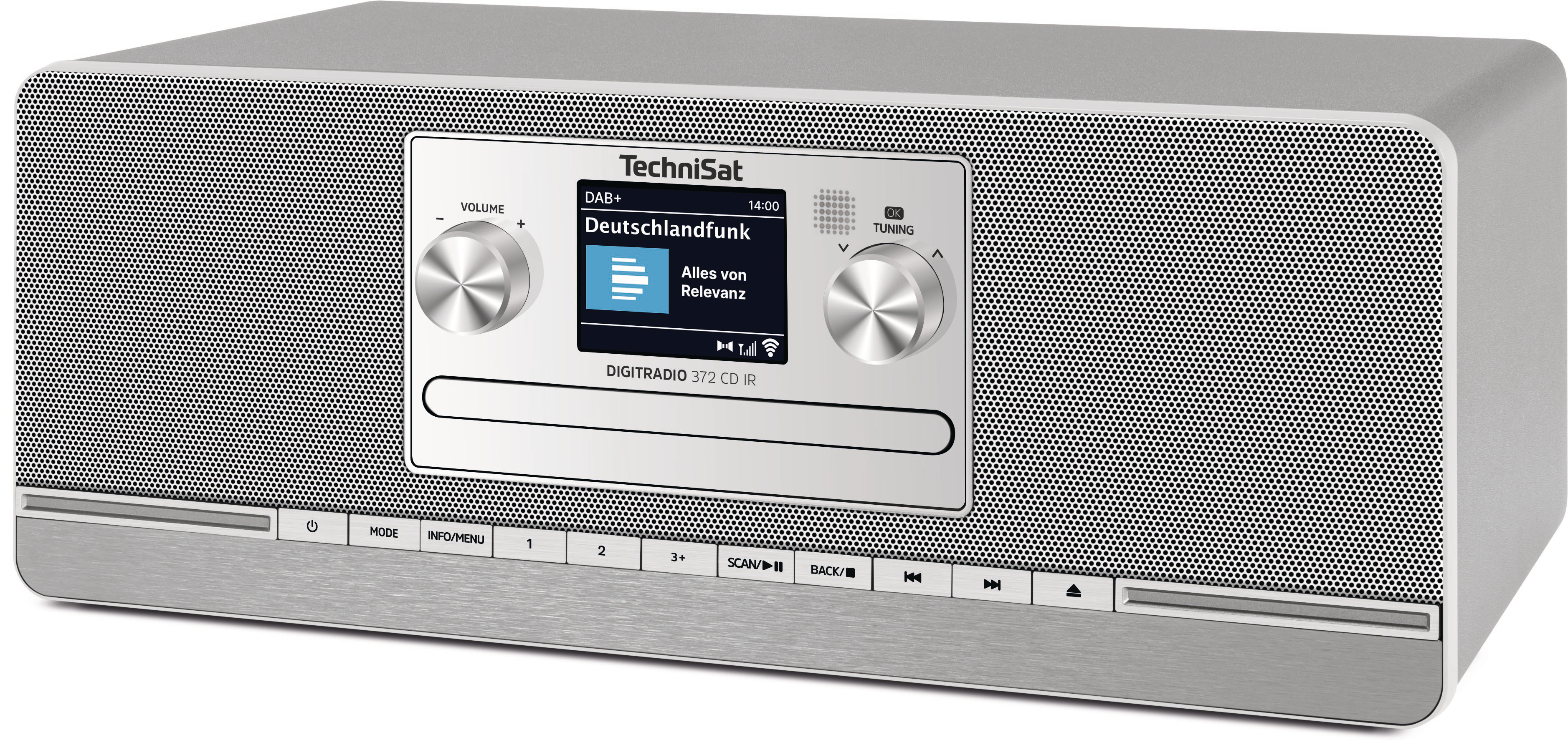 Silbernes TechniSat Digiradio 372 CD IR mit Display, Knöpfen und Lautsprechergrill.