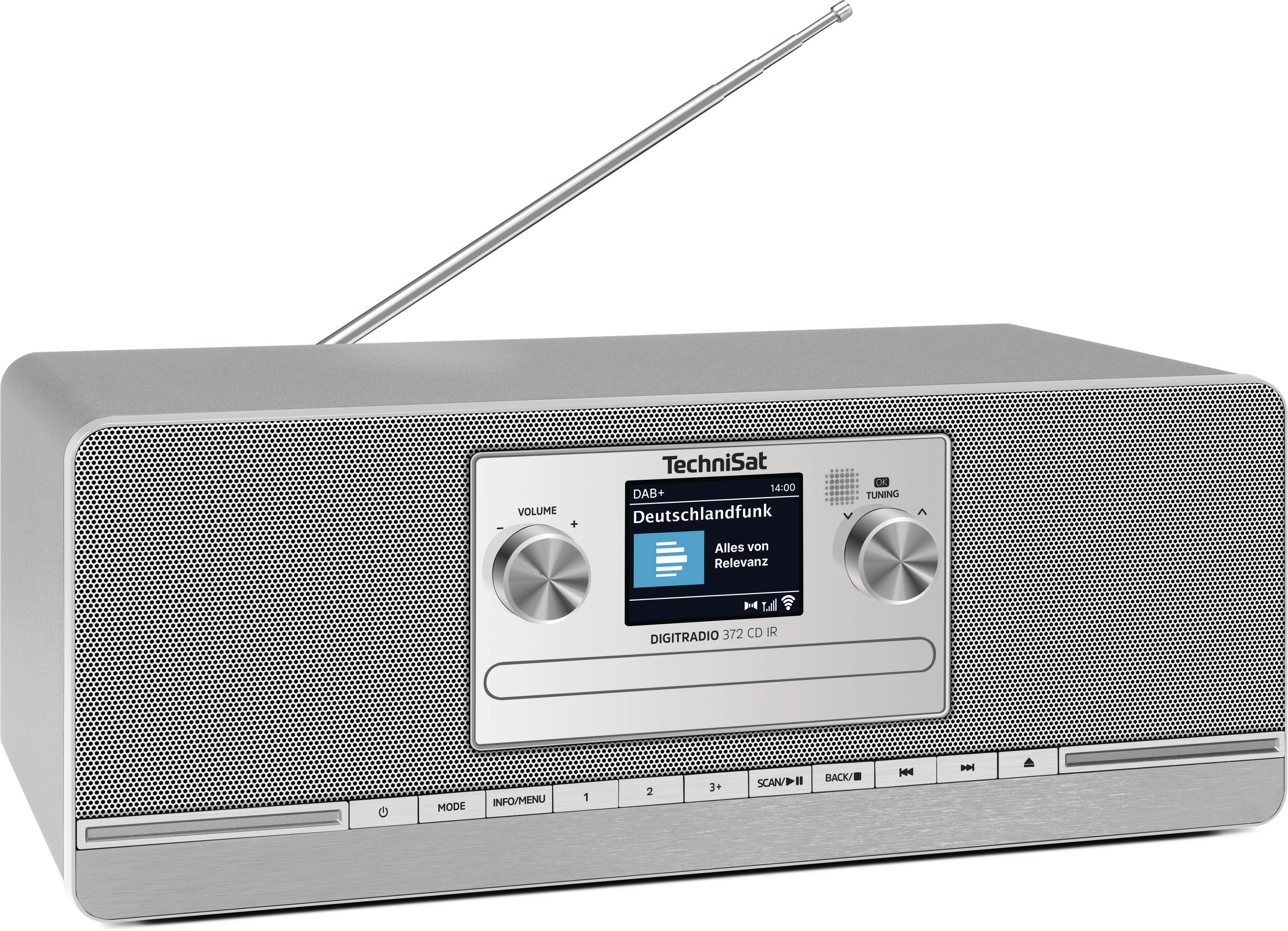 Silbernes TechniSat Digiradio 372 CD IR mit ausgefahrenem Antenne und Display.