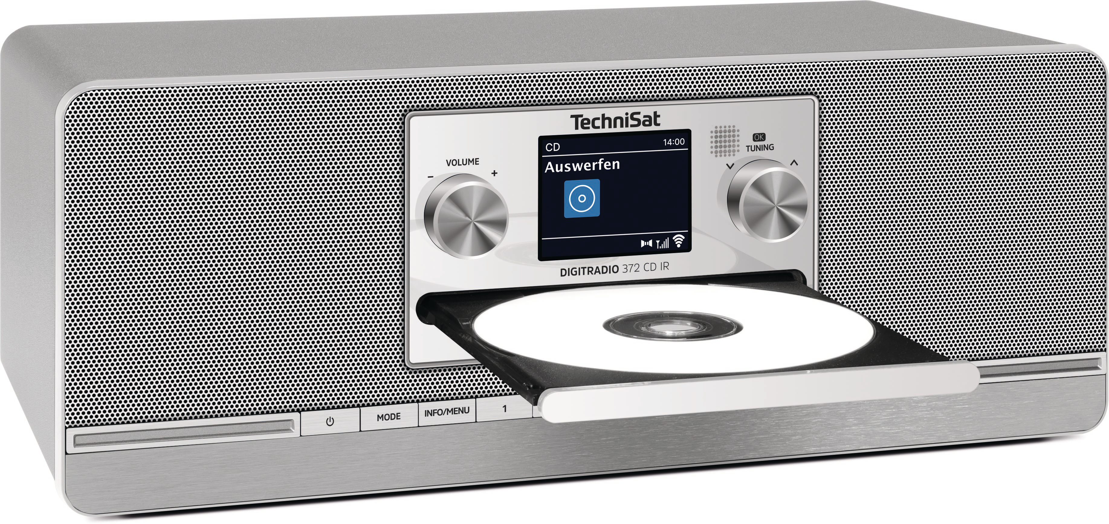 Ein silbernes TechniSat Digitalradio mit CD-Schublade und CD.