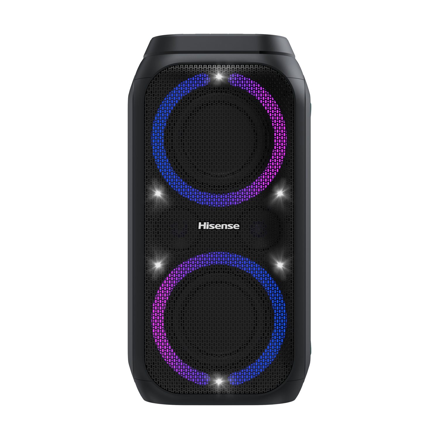 Altoparlante Hisense nero con anelli LED blu e viola.