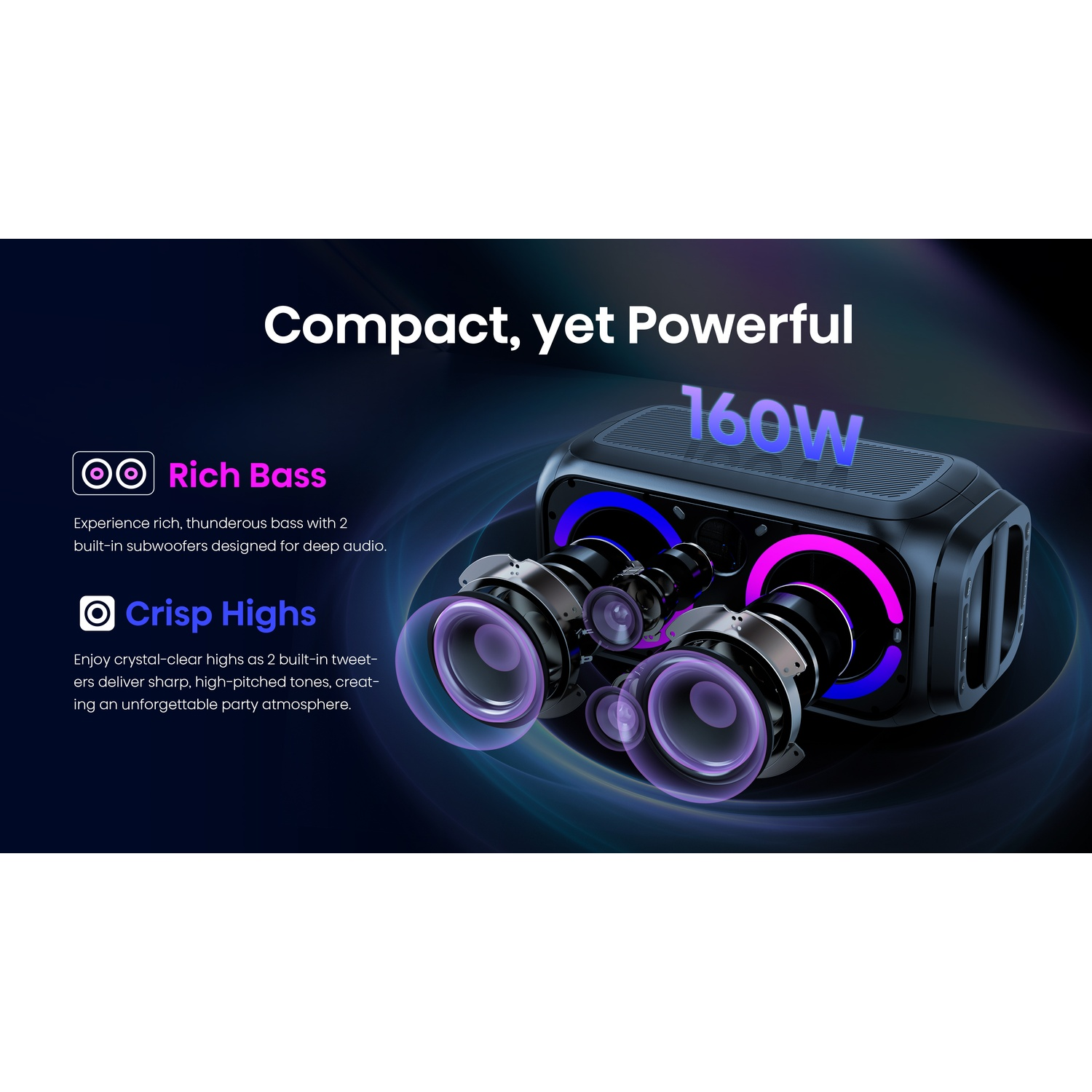 Un altoparlante nero con luci blu e rosa, che vanta 160W di potenza.