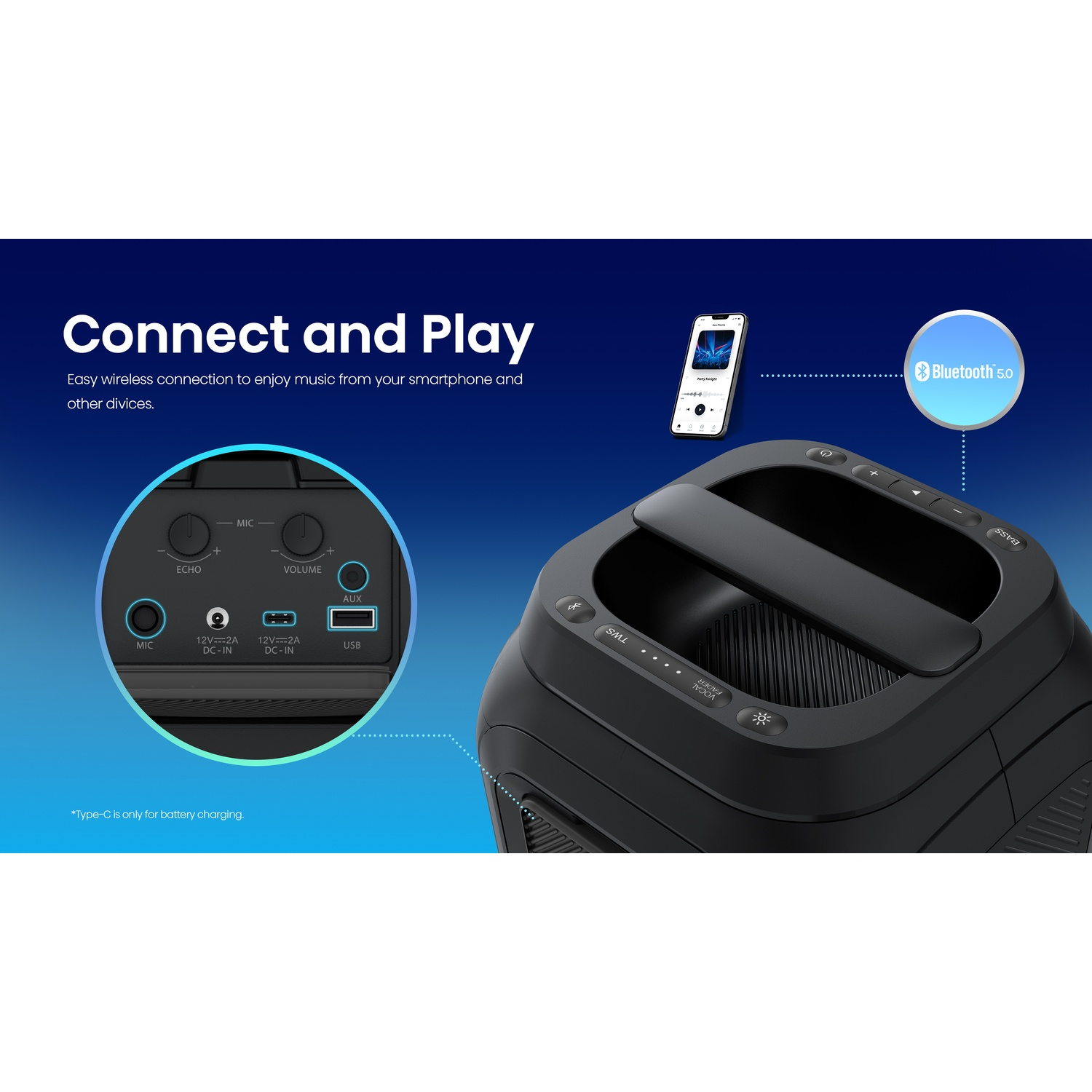 Altoparlante nero con connessione smartphone via Bluetooth e porte.