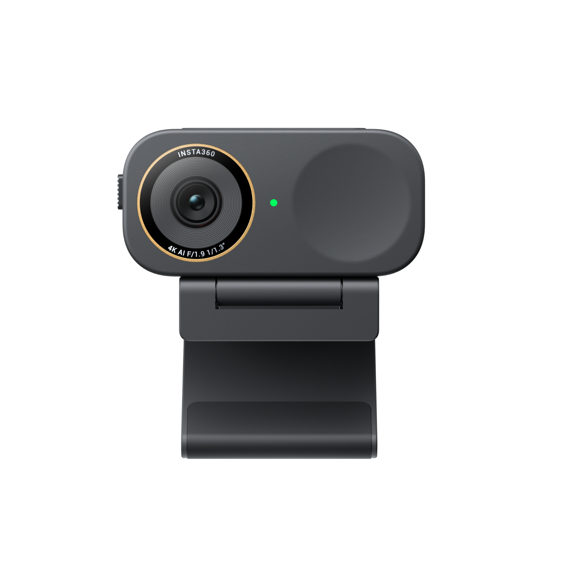Eine graue Insta360-Webcam mit goldener Umrandung und grüner LED.