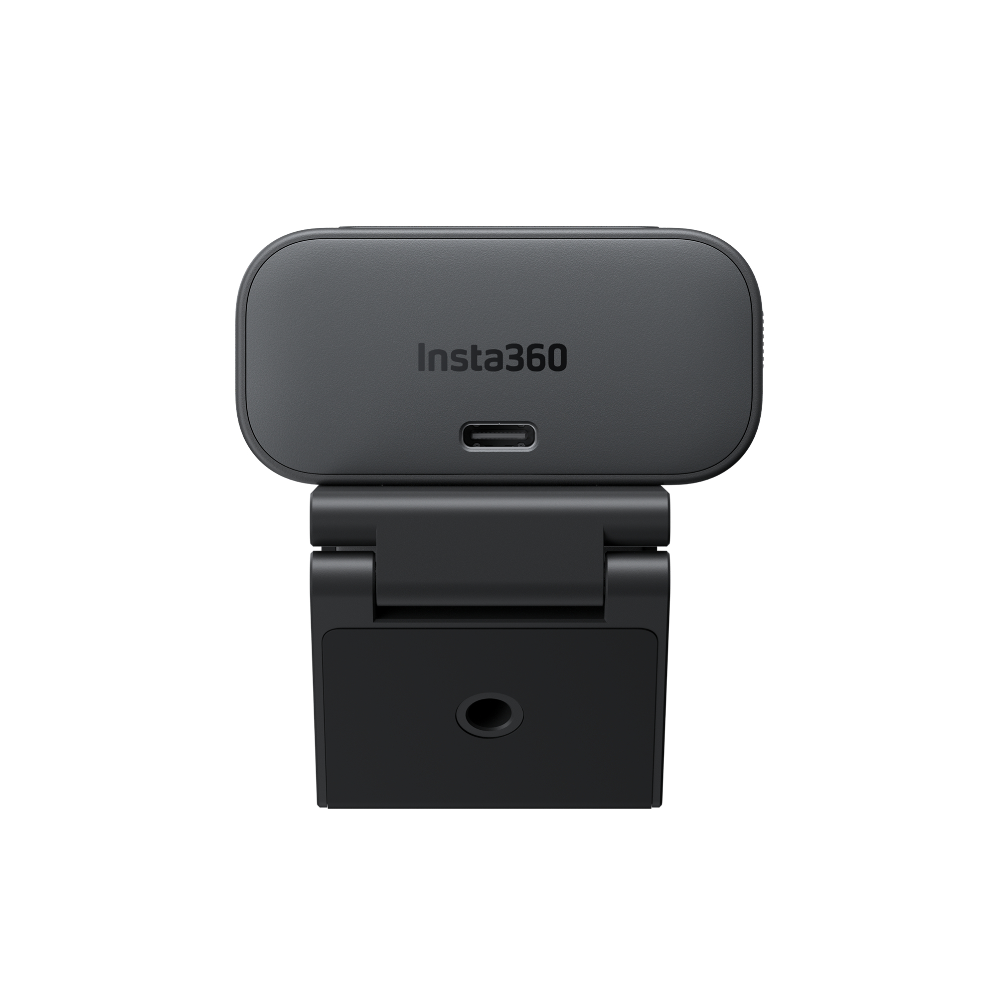 Schwarzes Insta360-Gerät mit USB-C-Anschluss und Ständer.