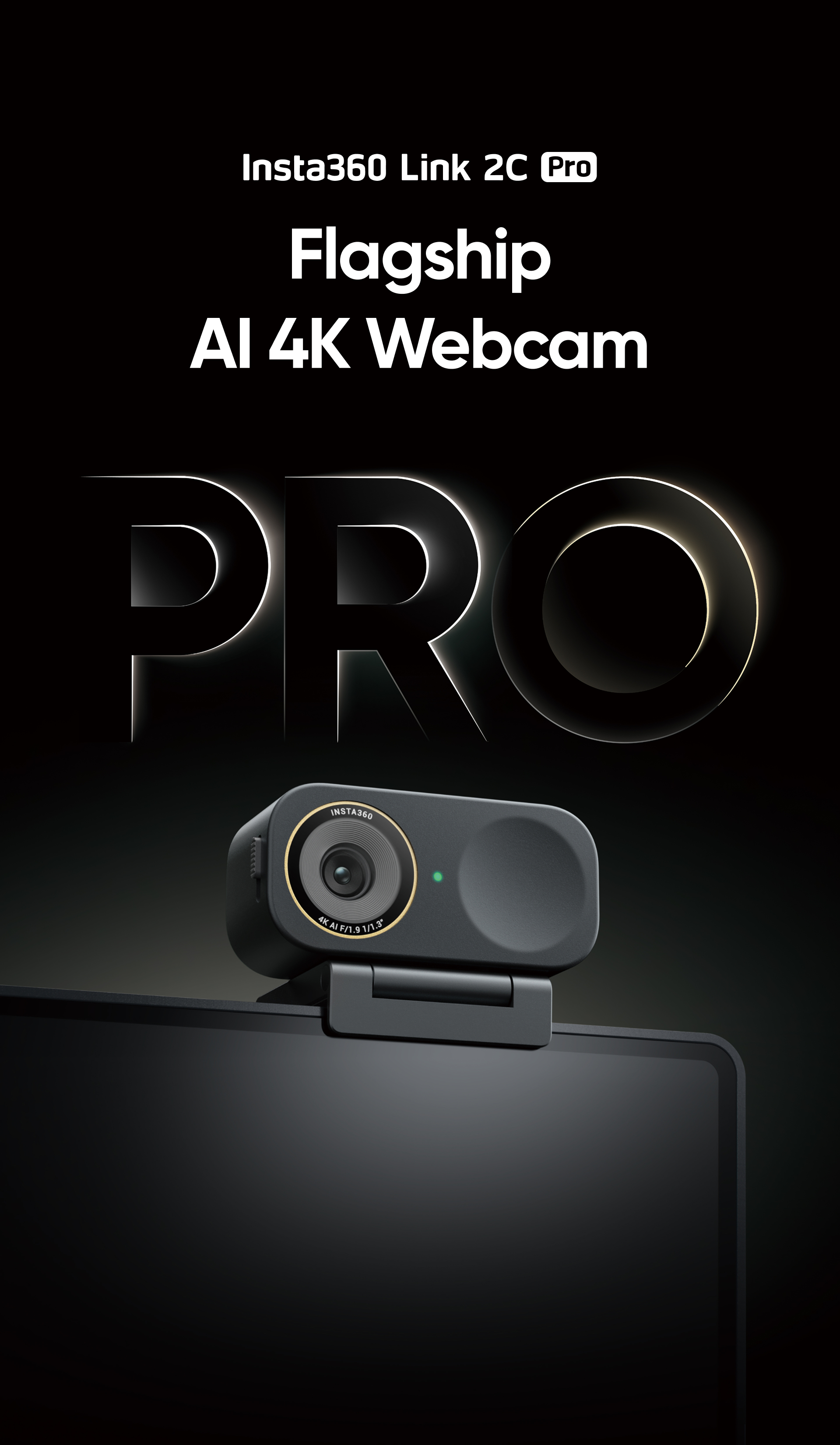 Insta360 Link 2C Pro Webcam mit KI und 4K Auflösung auf einem Monitor.