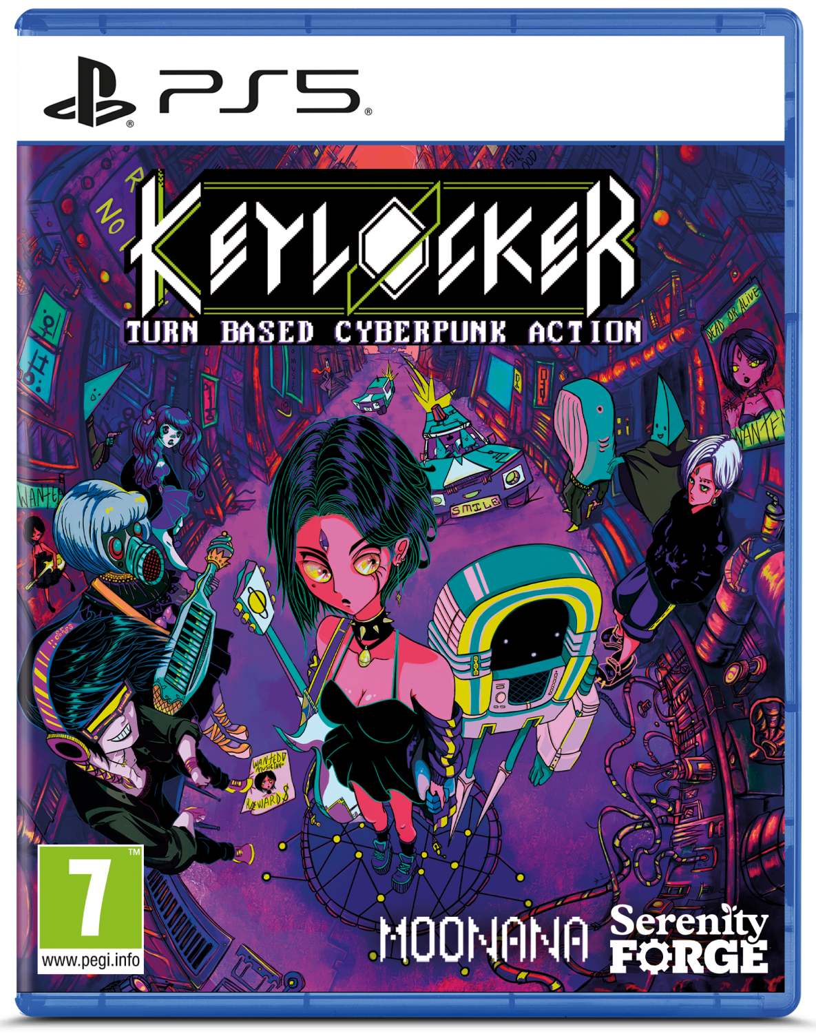 Portada de juego PS5: Personajes ciberpunk, un coche y un robot ante una escena urbana.