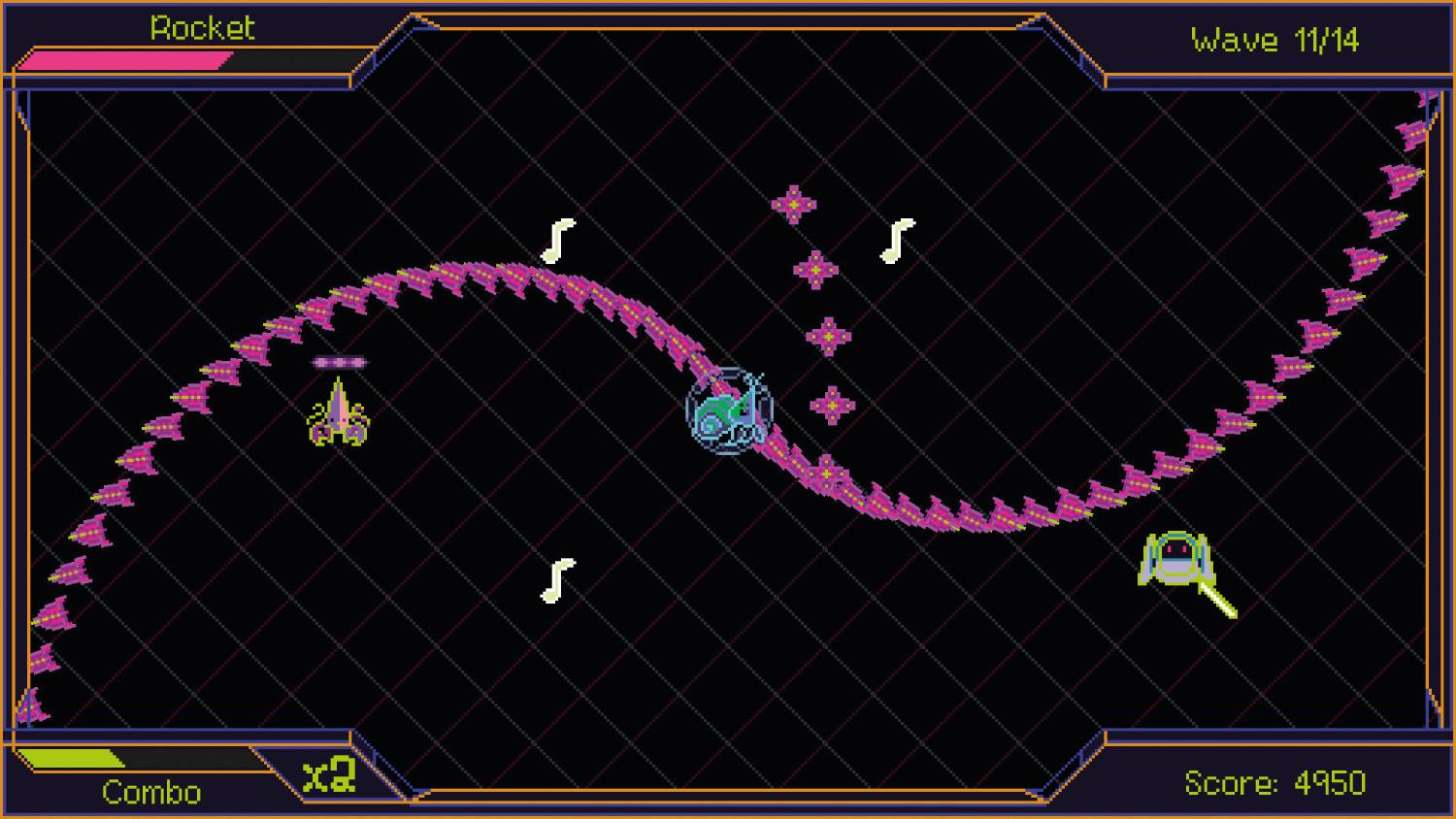 Juego espacial pixel art: Una nave esquiva cohetes rosas en patrón de onda.