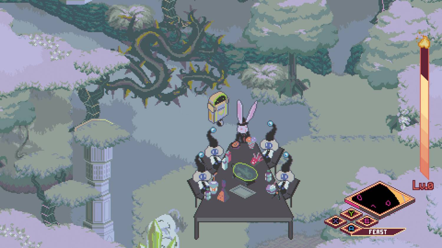 Escena de pixel art con criaturas reunidas en una mesa y una figura de dragón al fondo.