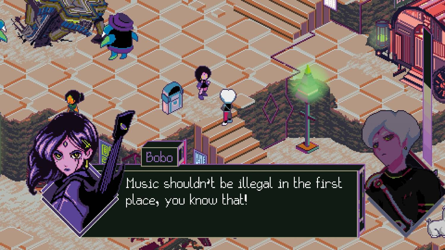 Escena de pixel art con personajes, un cuadro de diálogo y un paisaje urbano.