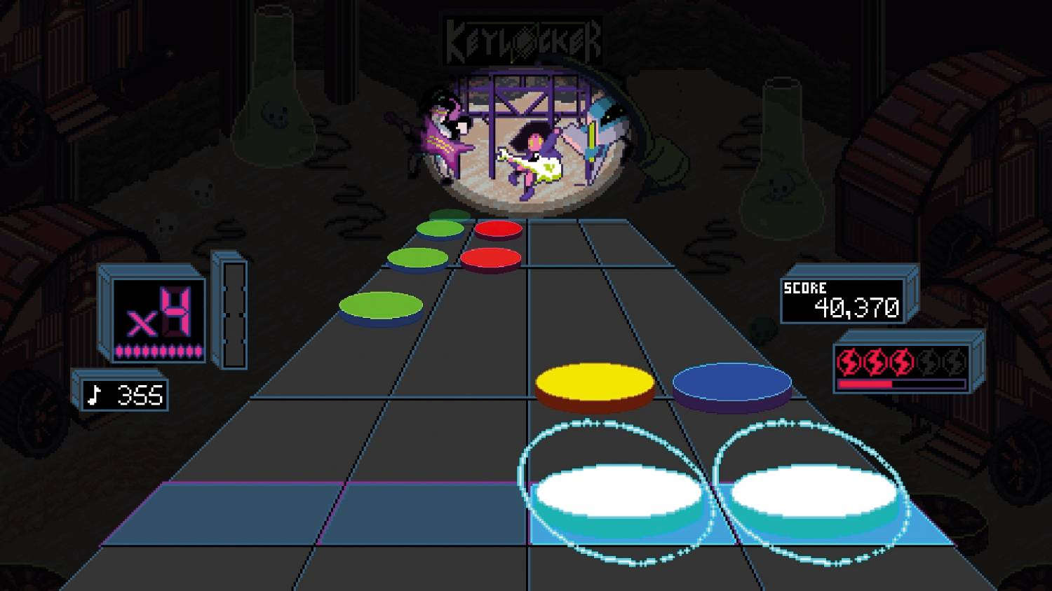 Juego de música pixel art con notas en una pista y una banda al fondo.