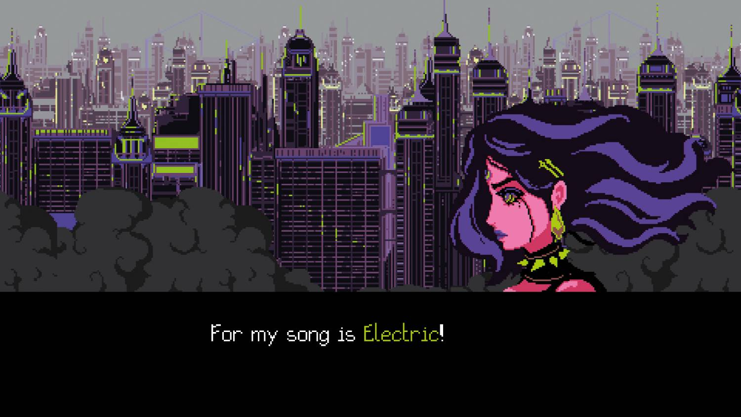 Escena de pixel art: Mujer con pelo morado frente a ciudad futurista y humo.