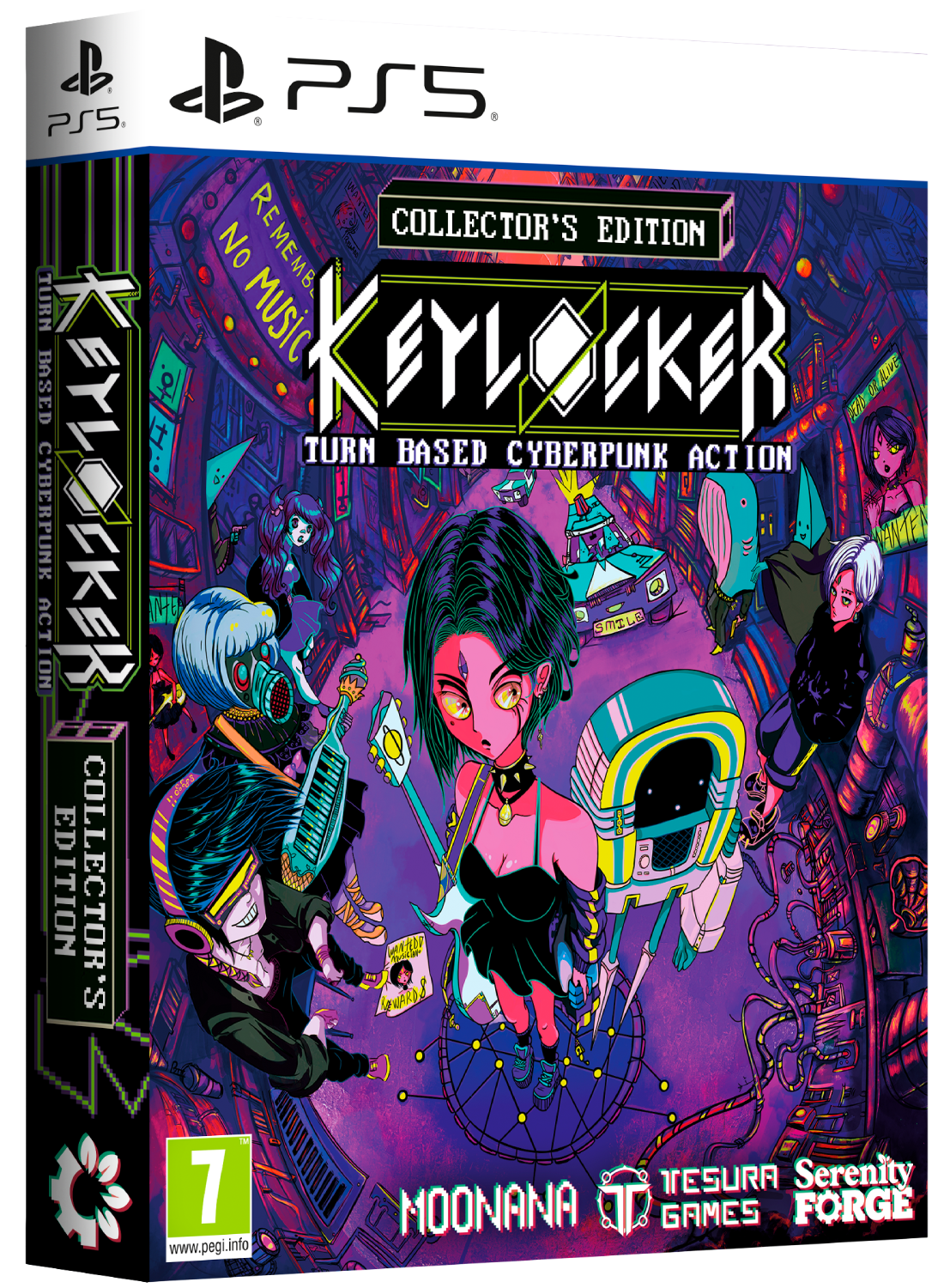 Portada de juego cyberpunk con personajes de anime coloridos, logo PS5 y título Keylocker.